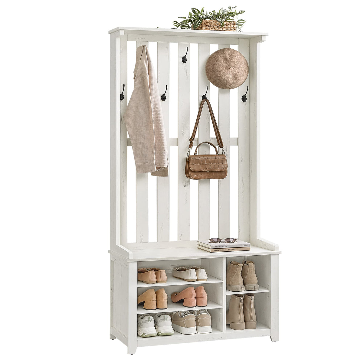Kapstok met Schoenenbank, Opbergplank en 7 Dubbele Haken, 81 x 180 cm, Wit