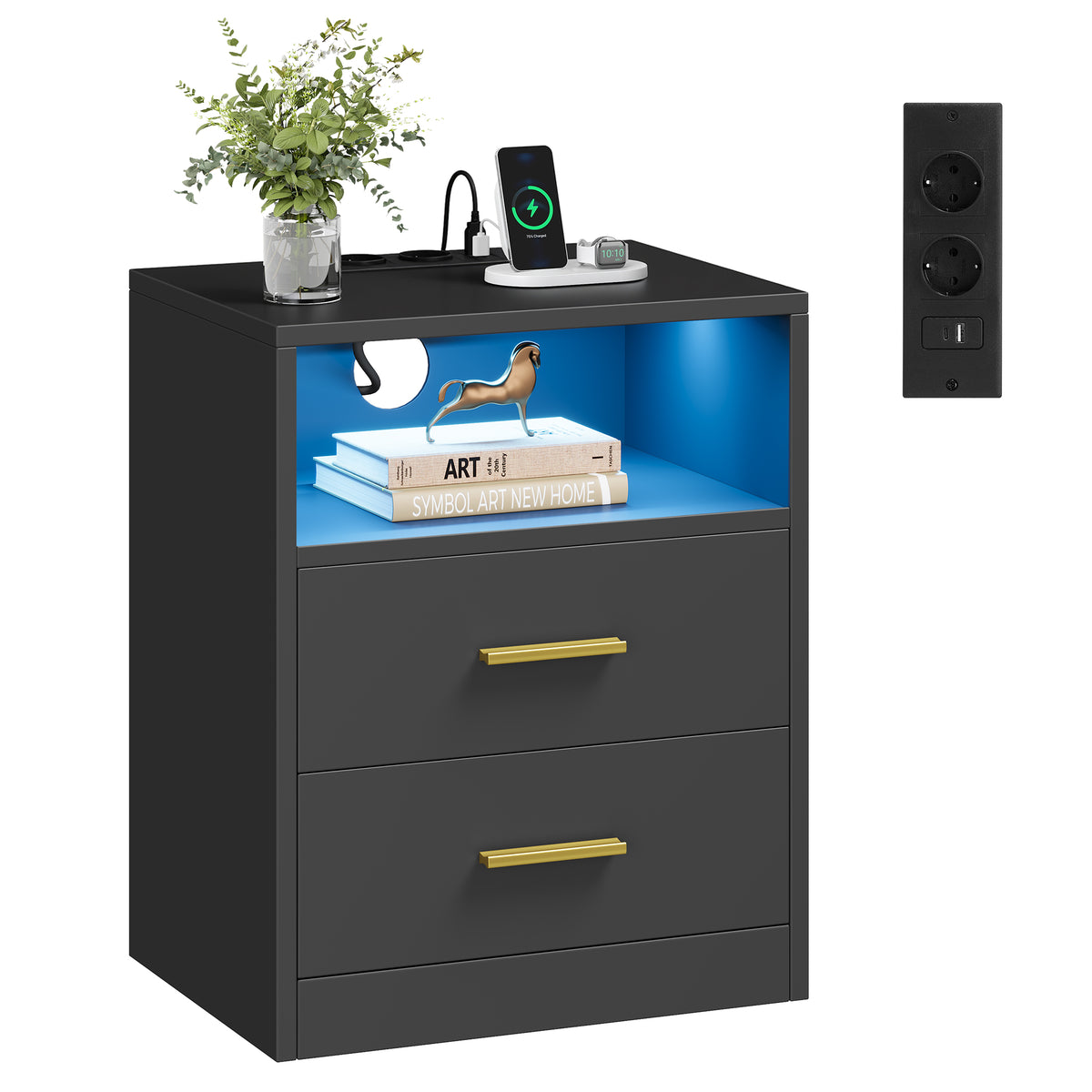 Nachtkastje met Stopcontacten, USB-poorten en Ledverlichting, 2 Lades en Open Vak, 30 x 40 x 50 cm