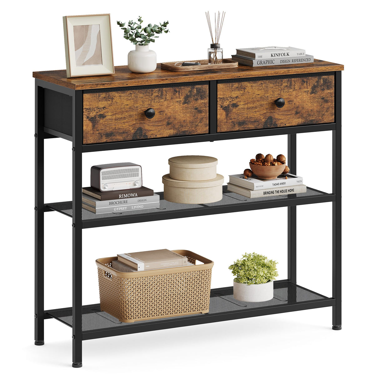Consoletafel met 2 Stoffen Lades en 2 Roosterschappen, Vintagebruin