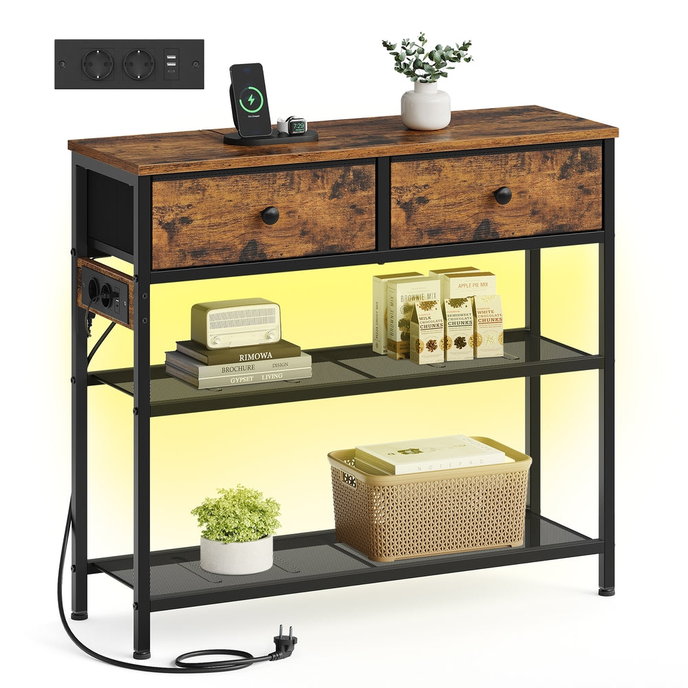 Consoletafel met 3 Stoffen Lades en 2 Roosterplanken, 76,7 cm Vintagebruin