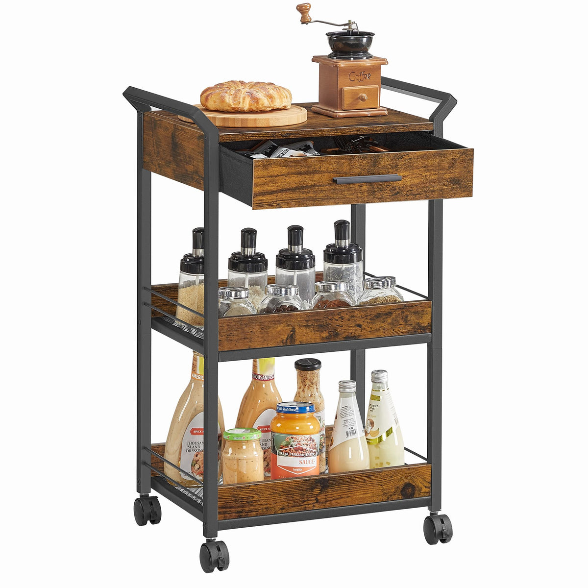 Verrijdbare Opbergwagen met 3 Niveaus en Lade, 30 x 46,2 x 70,5 cm