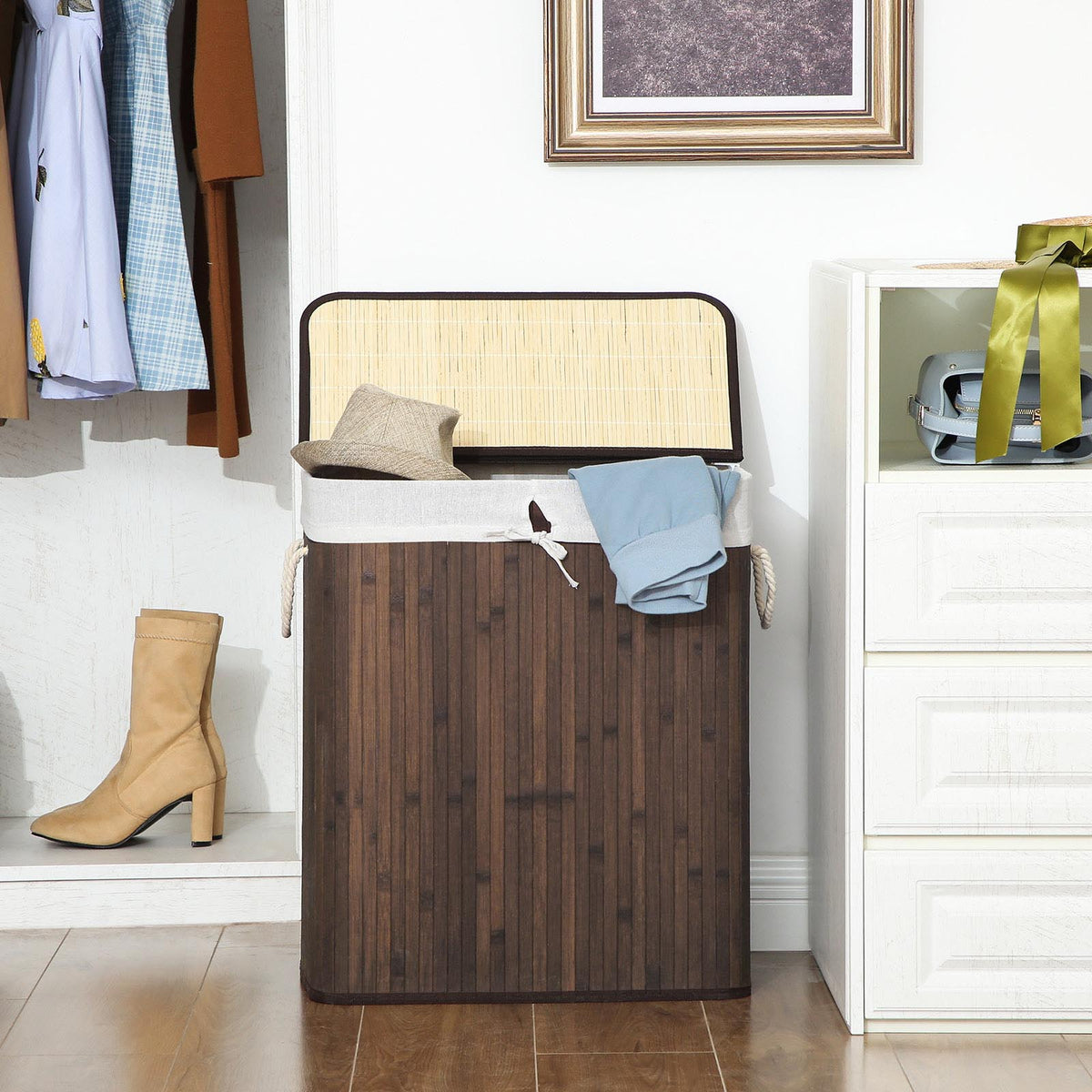 Bamboe Wasmand met Deksel en Afneembare Waszak, 100 L