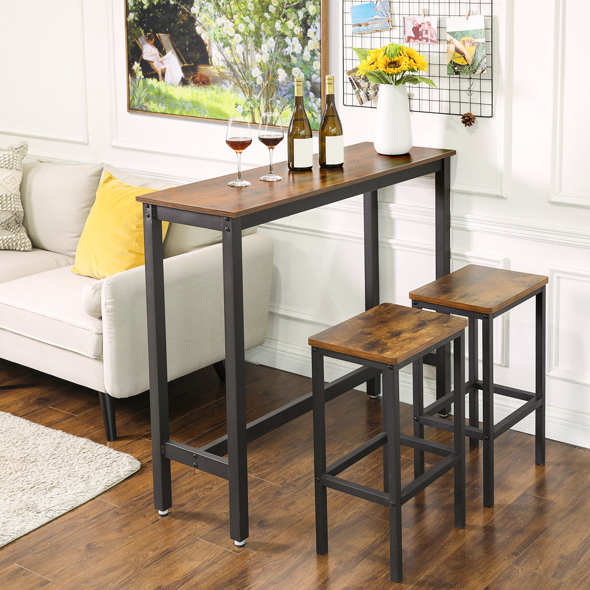 Smalle Bartafel met Metalen Frame en Houtlook Blad, 120 x 40 x 100 cm