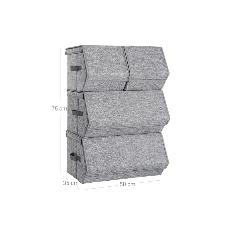 Stapelbare Opbergdozen met Metalen Frame en Deksel, Set van 4, Grijs