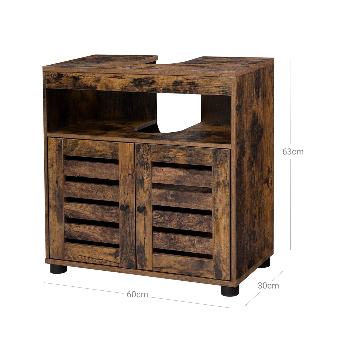 Vintage Bruine Wastafelonderkast met 2 Lamellendeuren en Open Vak, 60 x 30 x 63 cm