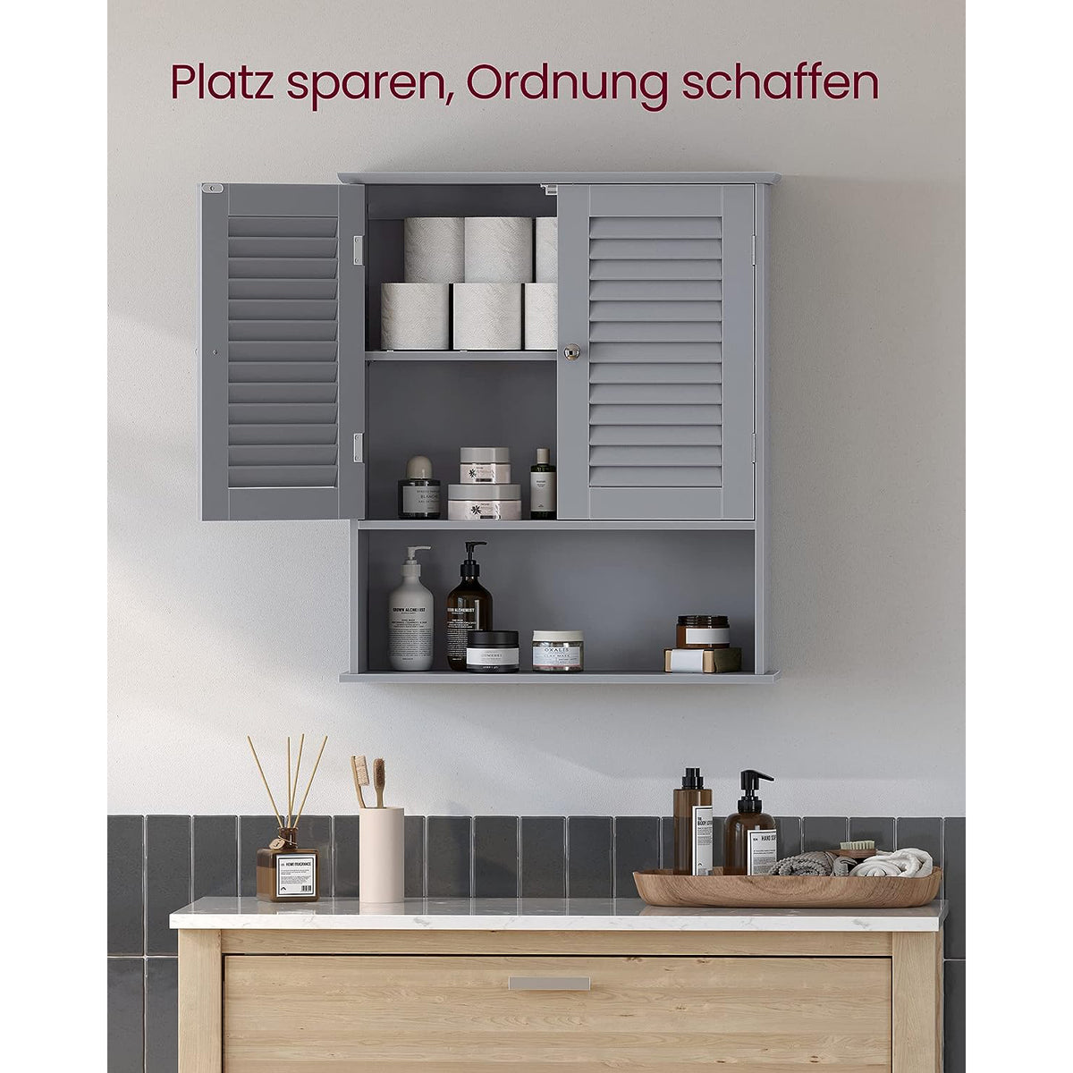 Hangend Badkamerkastje met Dubbele Deur en Open Vak, 60 x 20 x 70 cm