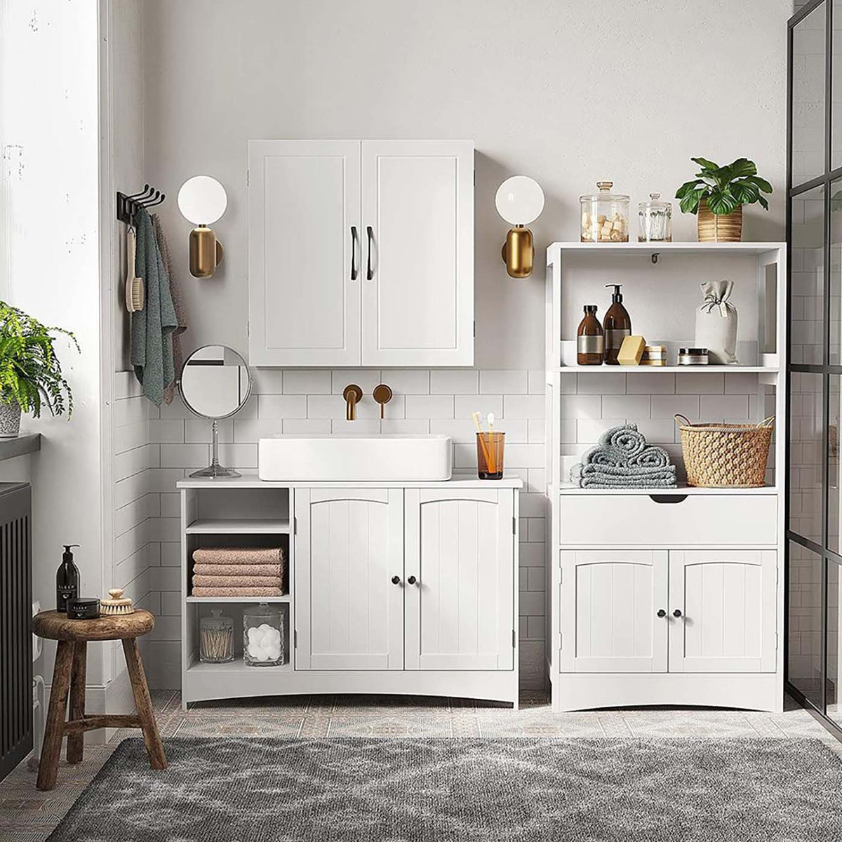 Witte Wastafelonderkast met 2 Deuren en Open Vakken, 90 x 30 x 60 cm