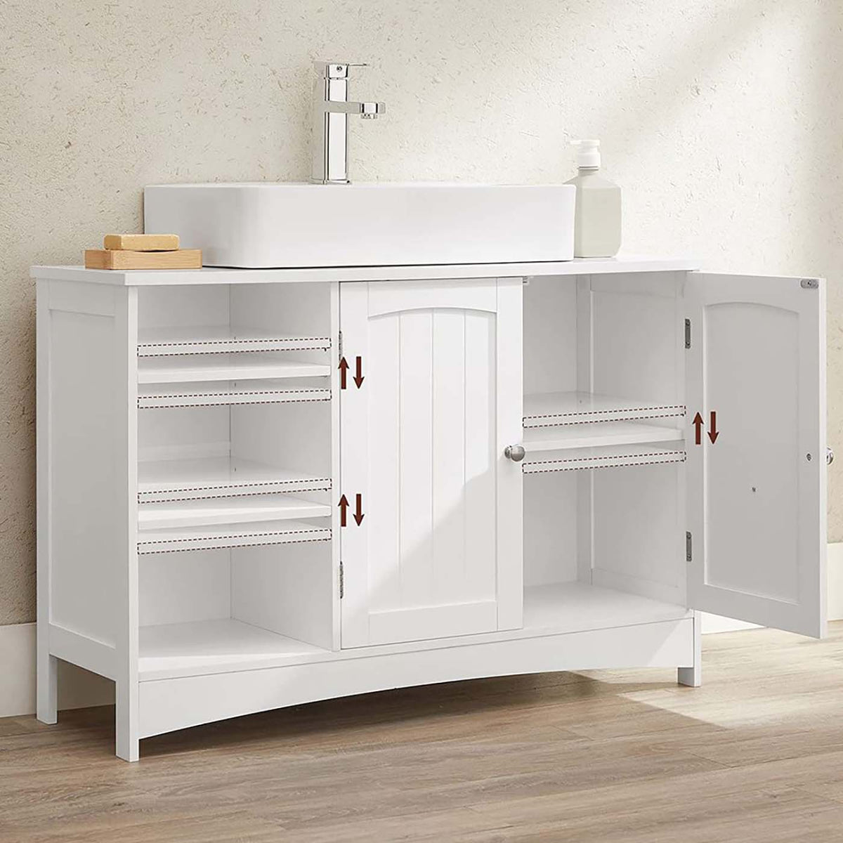 Witte Wastafelonderkast met 2 Deuren en Open Vakken, 90 x 30 x 60 cm