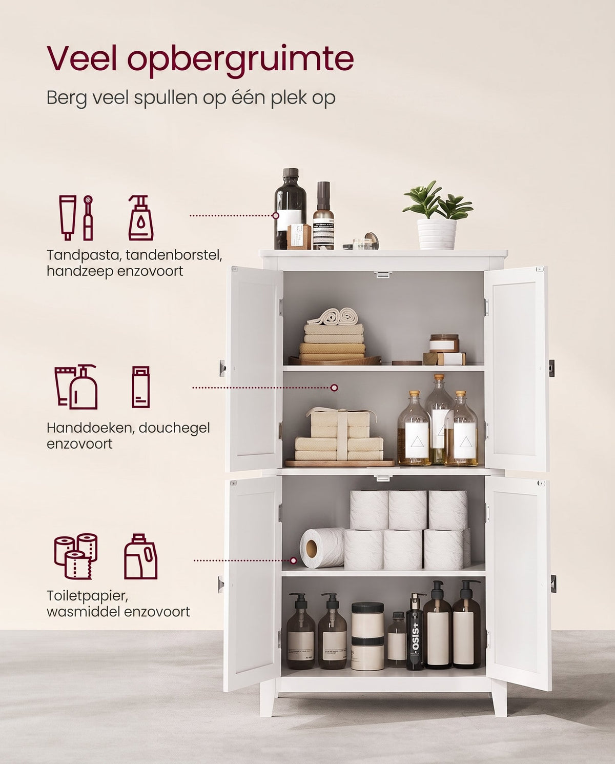 Badkamerkast met 4 Deuren en Verstelbare Planken, 30 x 60 x 110 cm