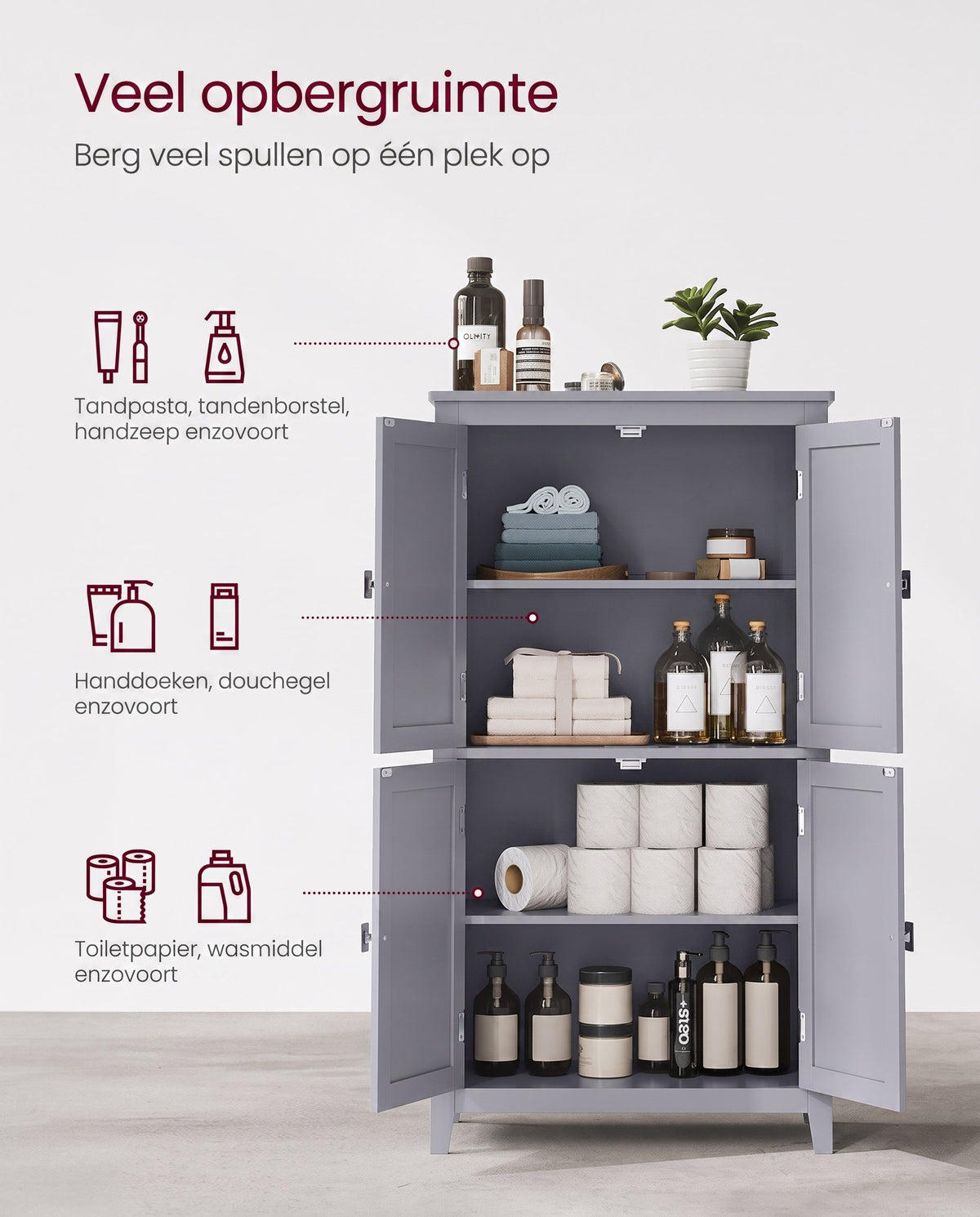 Badkamerkast met 4 Deuren en Verstelbare Planken, 30 x 60 x 110 cm