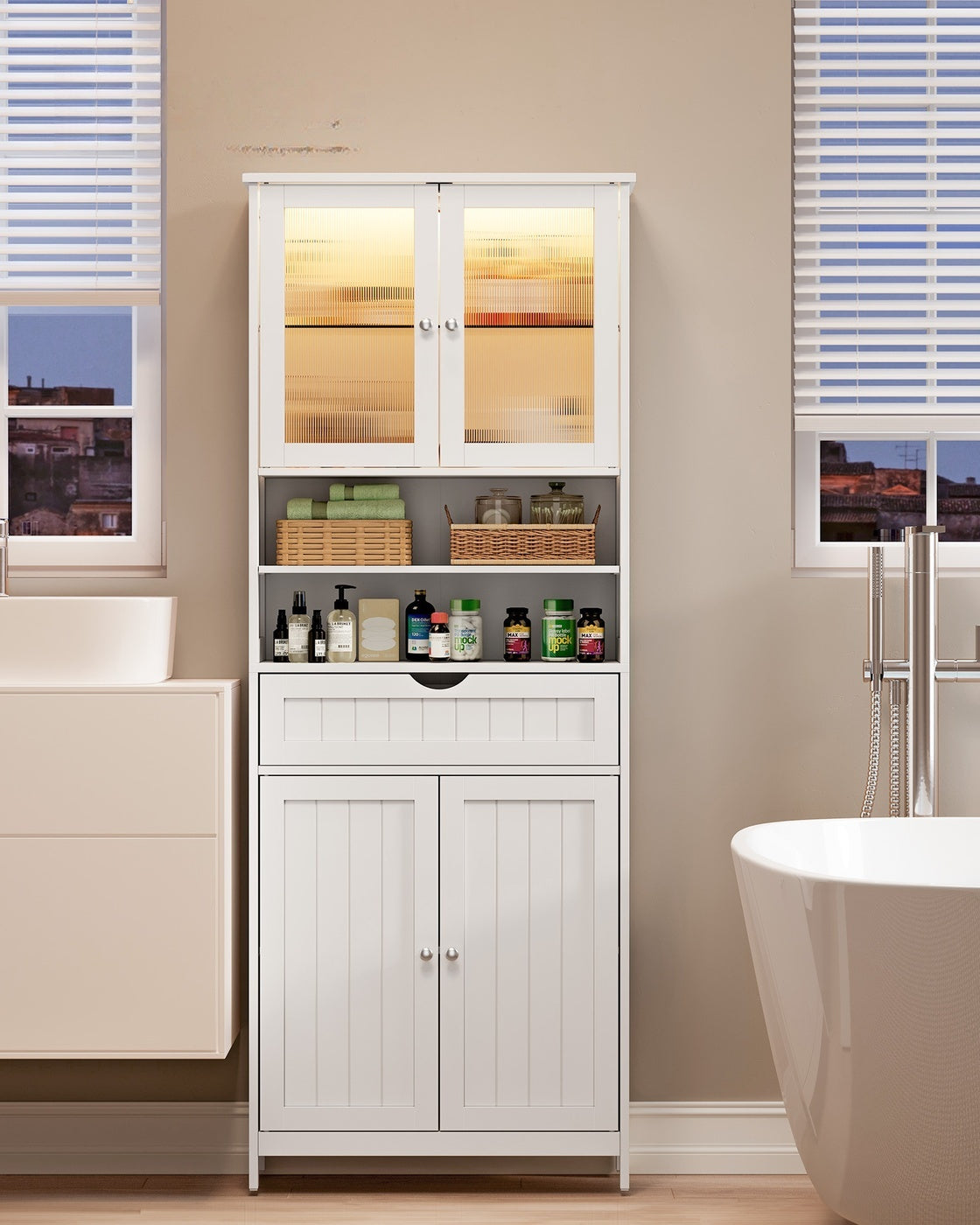 Badkamerkast met Led-verlichting, Lade en Verstelbare Planken, 30 x 60 x 170 cm