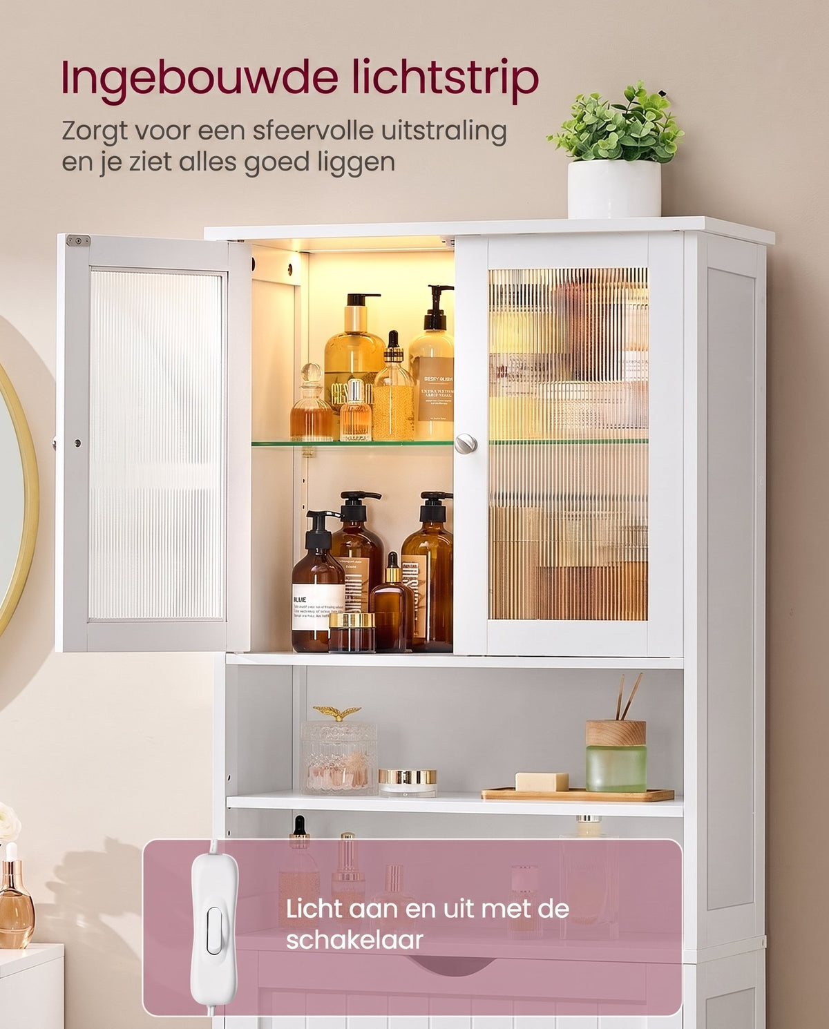 Badkamerkast met Led-verlichting, Lade en Verstelbare Planken, 30 x 60 x 170 cm
