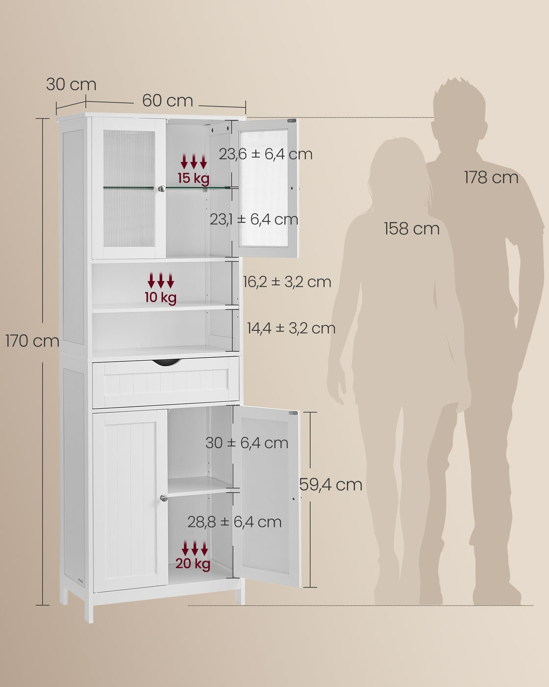 Badkamerkast met Led-verlichting, Lade en Verstelbare Planken, 30 x 60 x 170 cm
