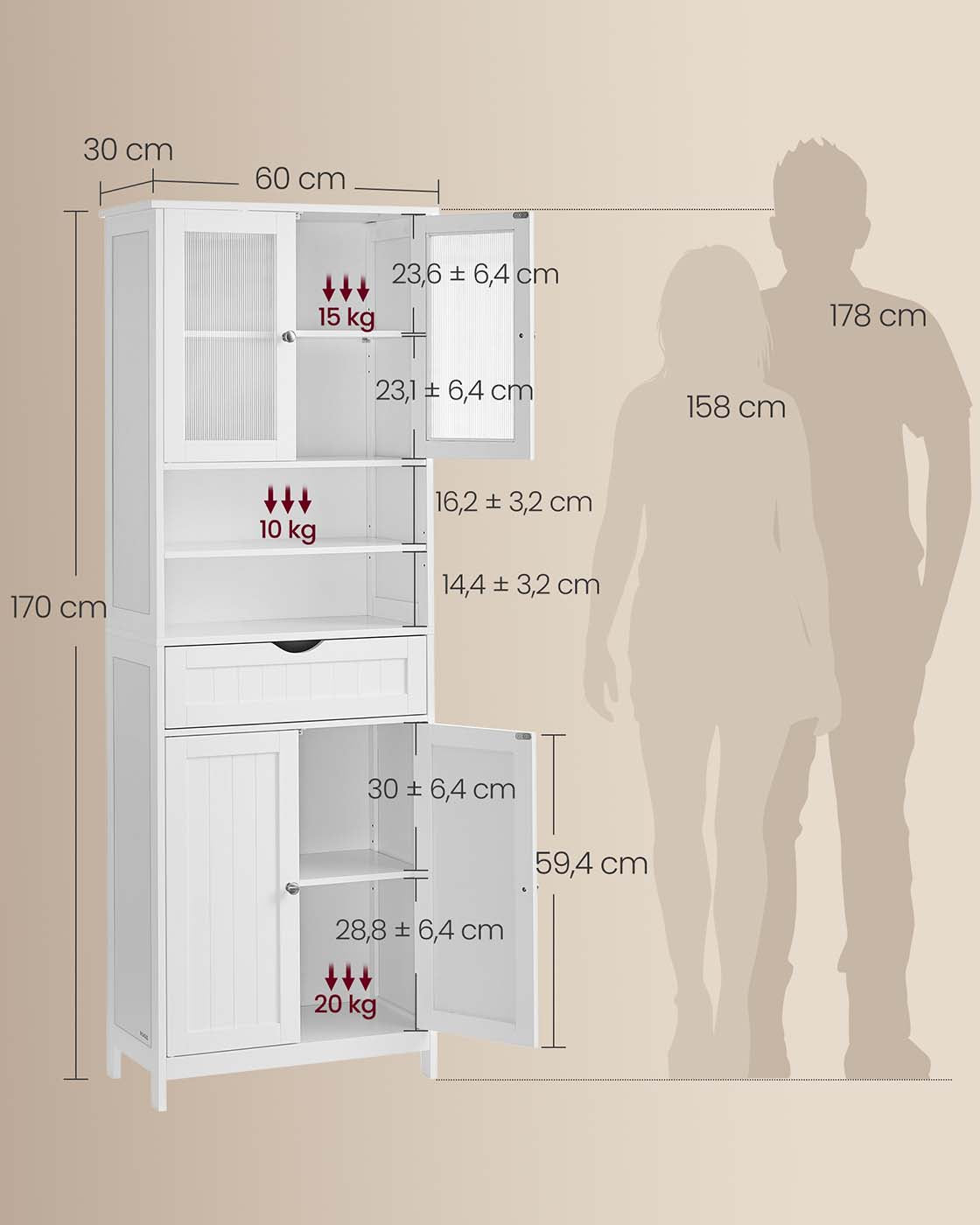 Badkamerkast met Led-verlichting, Lade en Verstelbare Planken, 30 x 60 x 170 cm