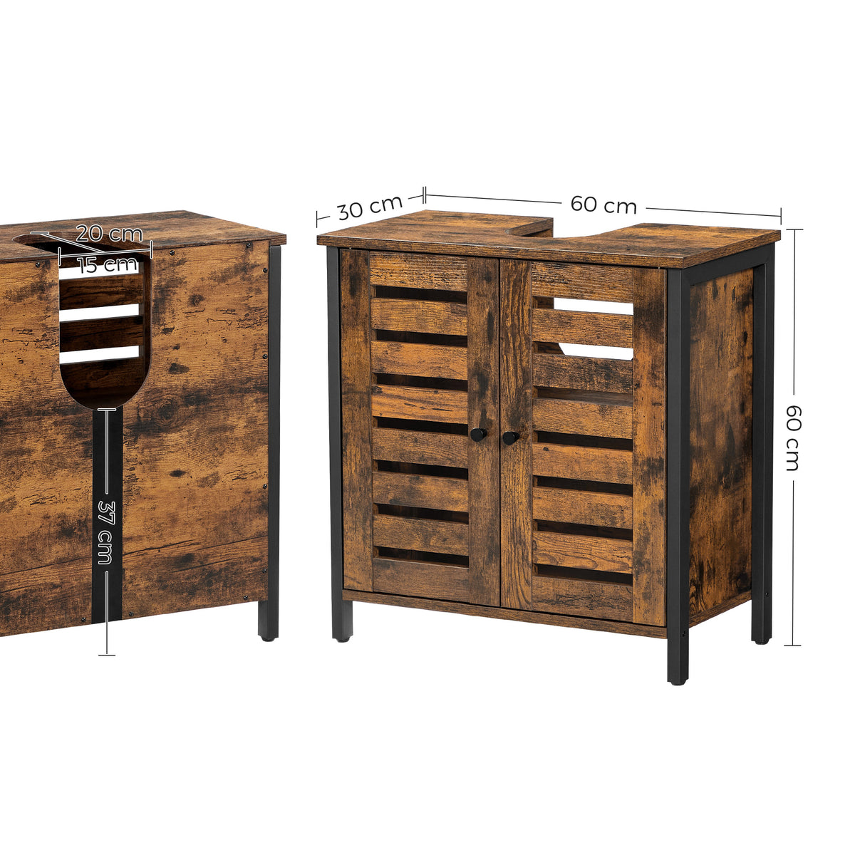 Wastafelonderkast met Stalen Frame en 2 Lamellendeuren, 60 x 30 x 60 cm