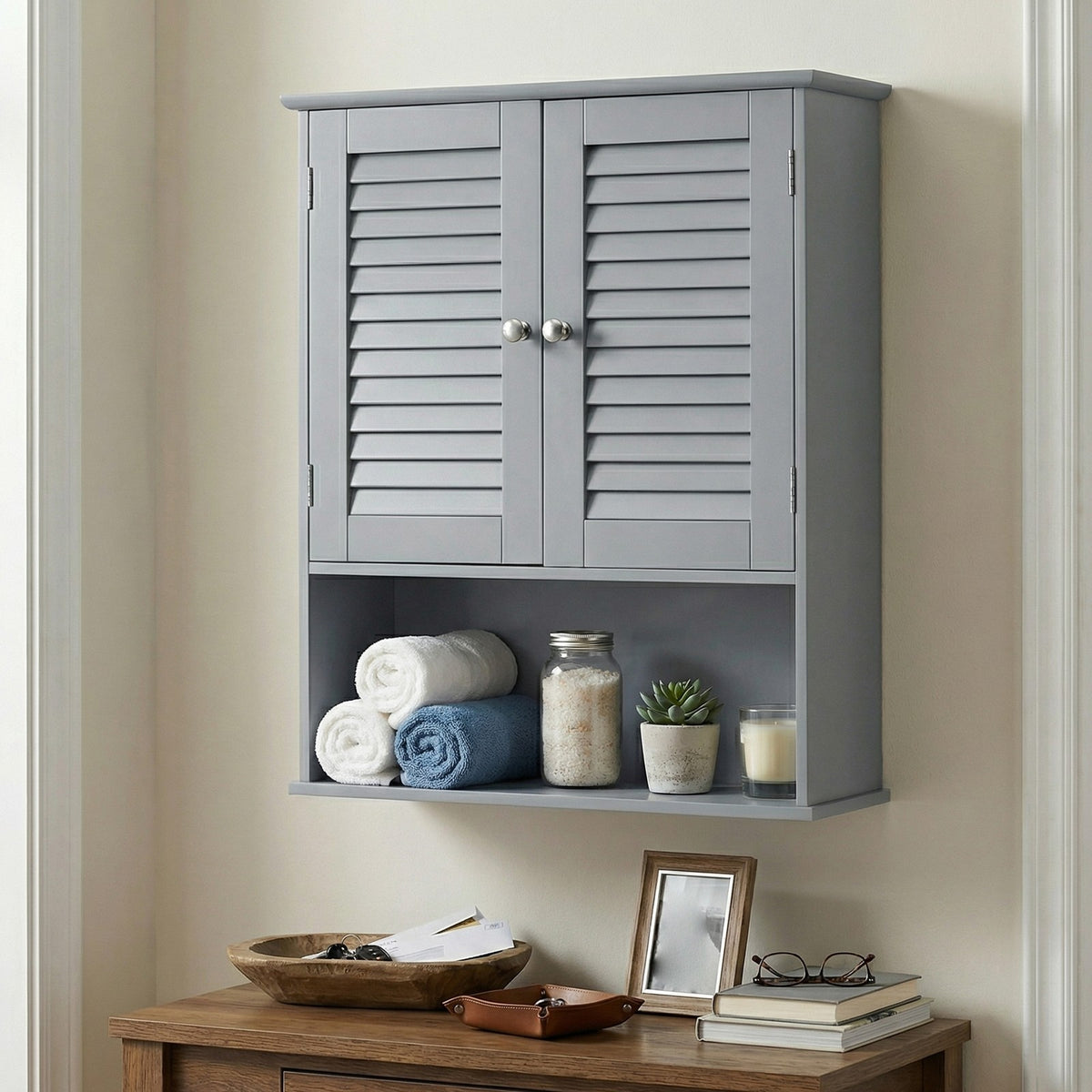 Hangende Badkamerkast met Dubbele Deur en Open Vak, 60 x 20 x 70 cm