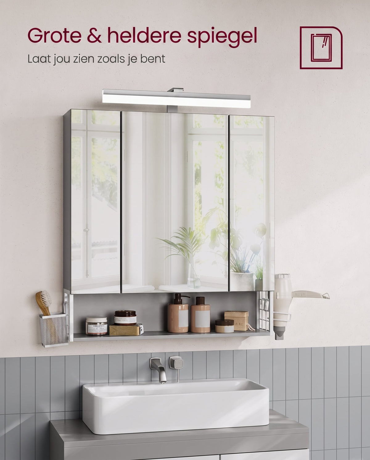Spiegelkast met Stopcontacten, Föhnhouder en 3 Deuren, 16,5 x 70 x 75 cm