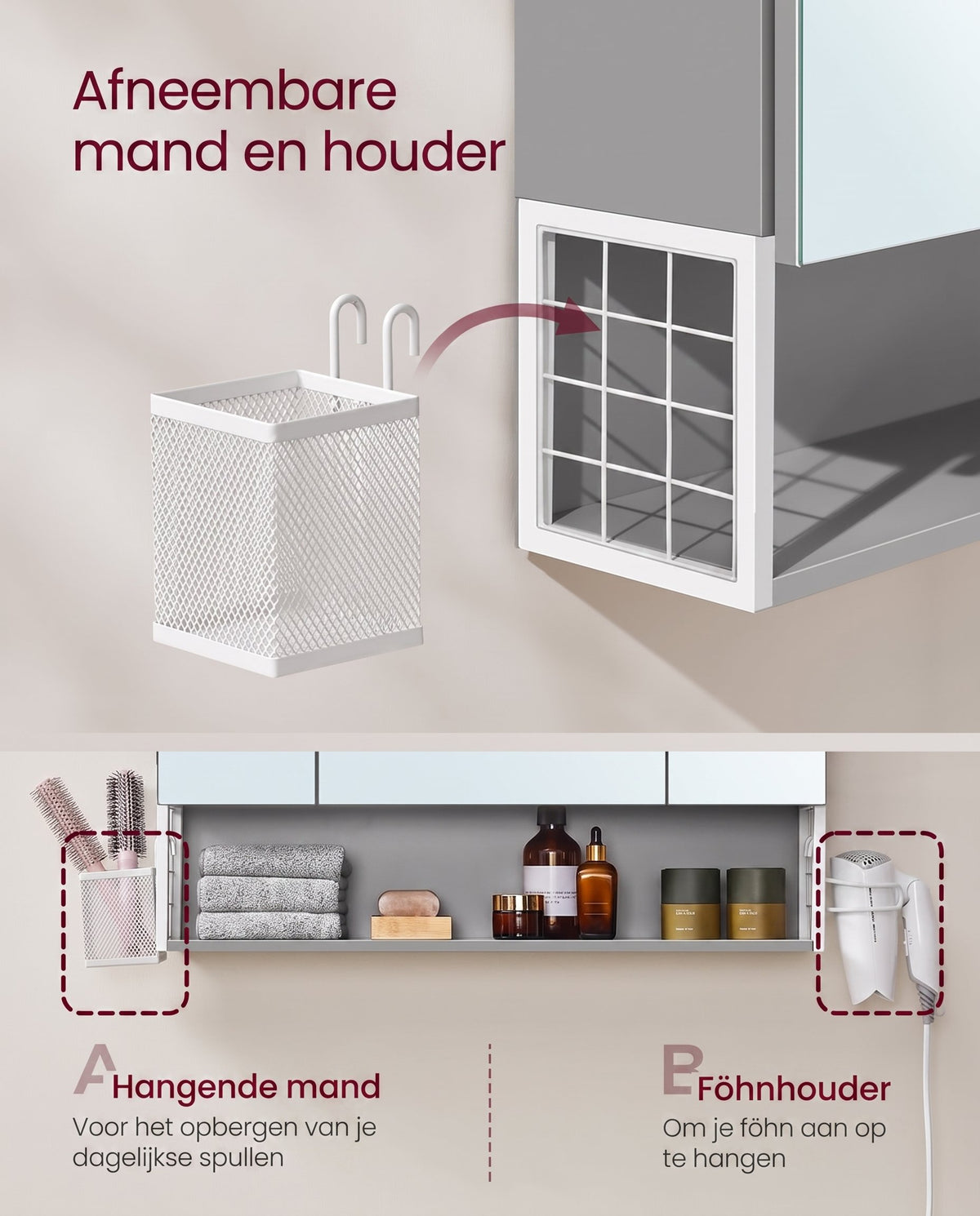 Spiegelkast met Stopcontacten, Föhnhouder en 3 Deuren, 16,5 x 70 x 75 cm