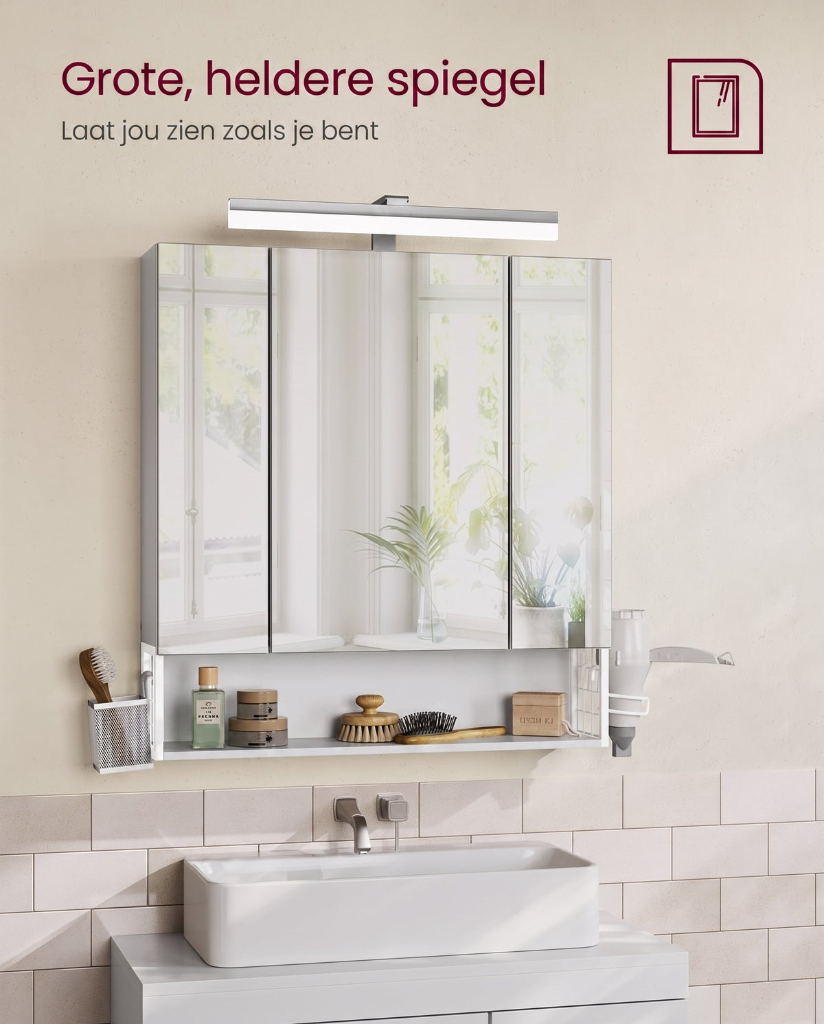 Spiegelkast met Stopcontacten, Föhnhouder en 3 Deuren, 16,5 x 70 x 75 cm
