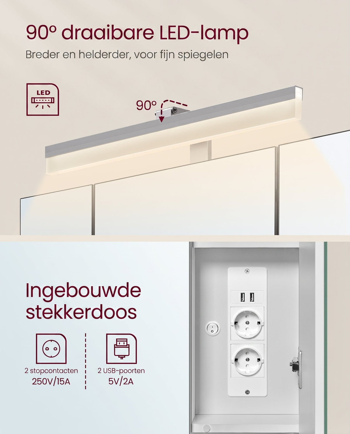 Spiegelkast met Stopcontacten, Föhnhouder en 3 Deuren, 16,5 x 70 x 75 cm