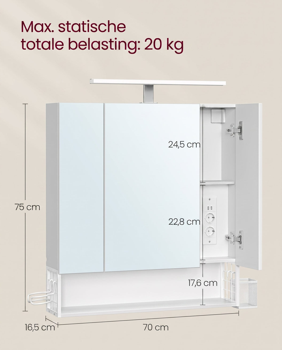Spiegelkast met Stopcontacten, Föhnhouder en 3 Deuren, 16,5 x 70 x 75 cm