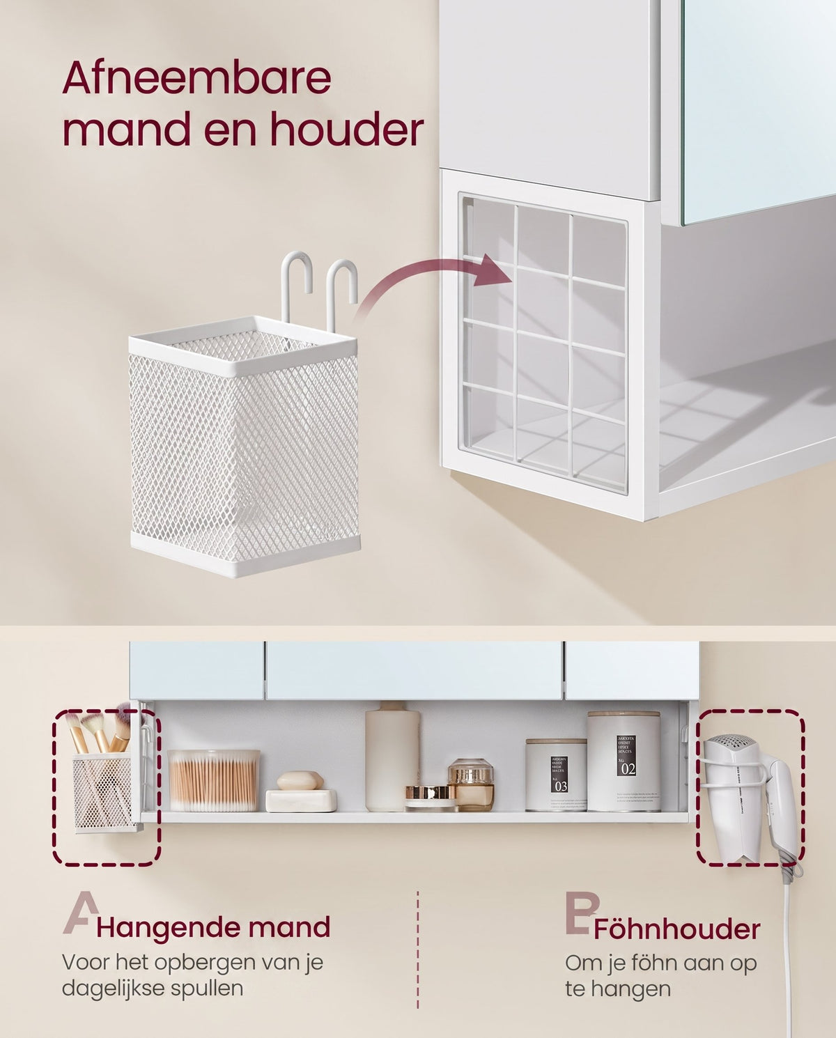 Spiegelkast met Stopcontacten, Föhnhouder en 3 Deuren, 16,5 x 70 x 75 cm