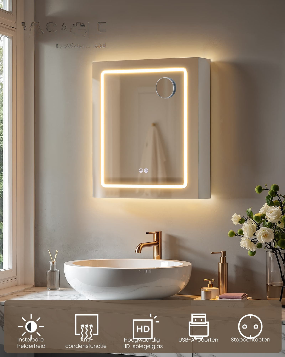 Spiegelkast met Led-verlichting, Stopcontacten en Vergrotende Spiegel