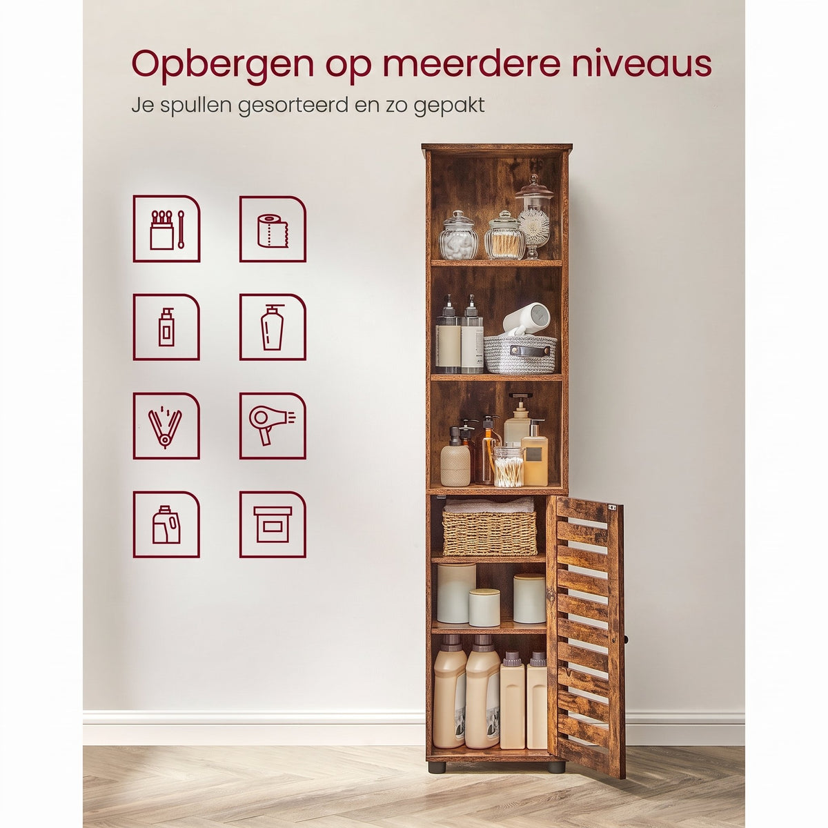 Hoge Badkamerkast in Vintage Bruin met 3 Open Vakken, 40 x 30 x 167 cm