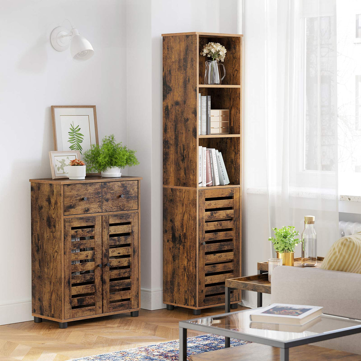 Hoge Badkamerkast in Vintage Bruin met 3 Open Vakken, 40 x 30 x 167 cm