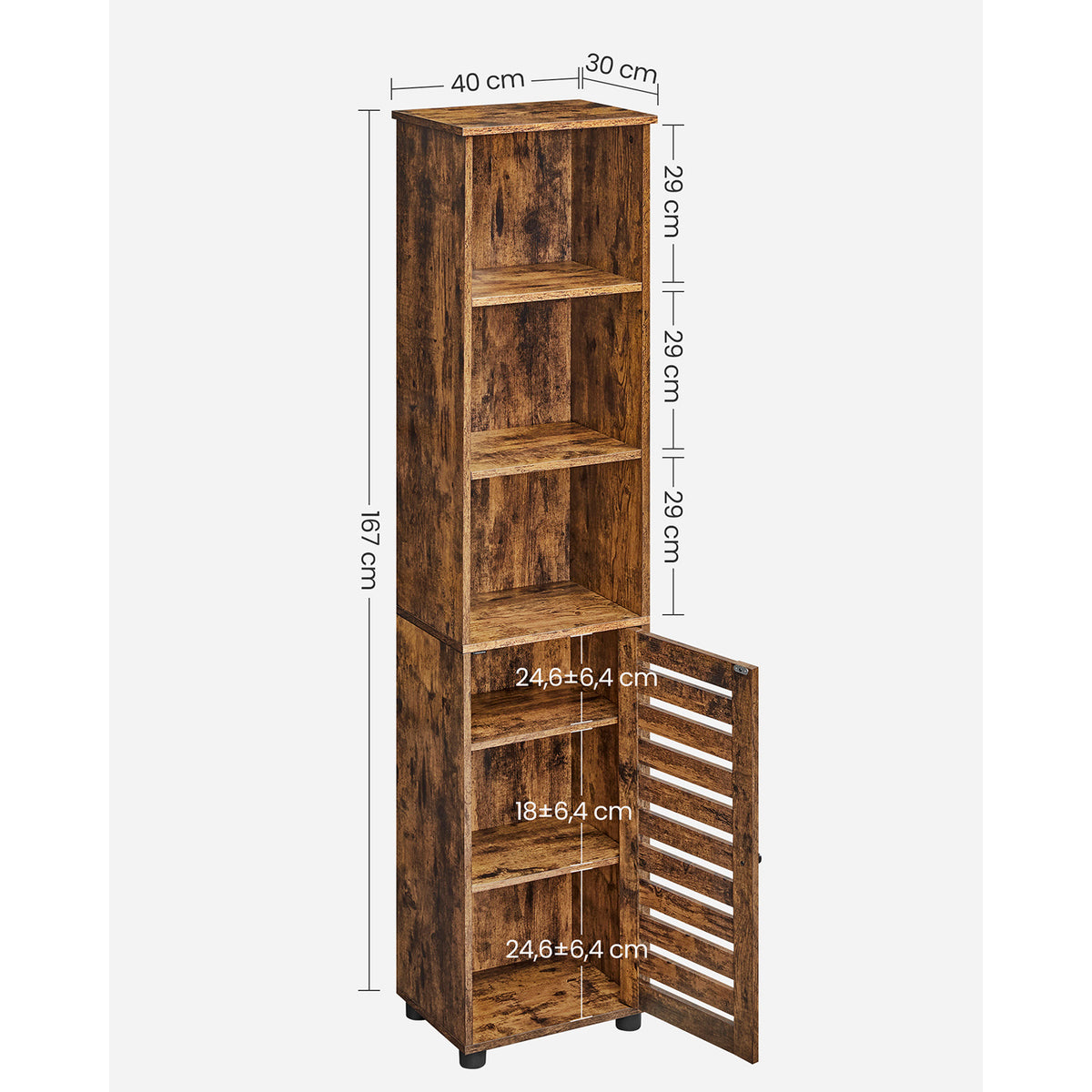 Hoge Badkamerkast in Vintage Bruin met 3 Open Vakken, 40 x 30 x 167 cm