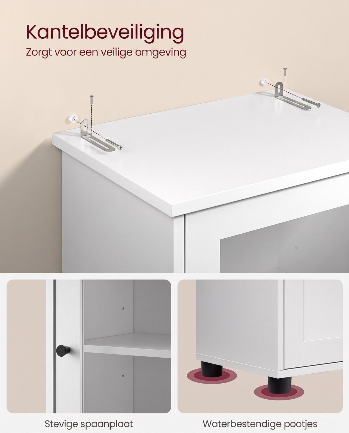 Hoge Badkamerkast met Glazen Deur, Lade en Open Vak
