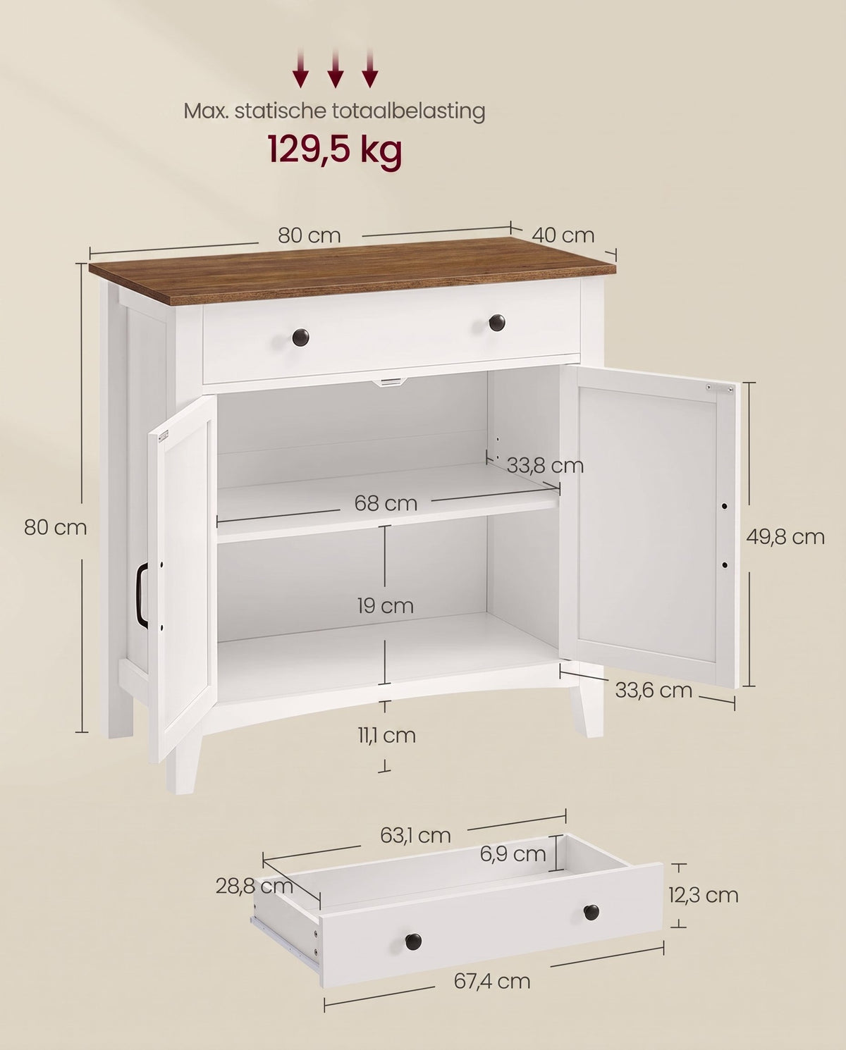 Dressoir met Schuifdeuren, Lade en Verstelbare Plank, 80 x 80 cm