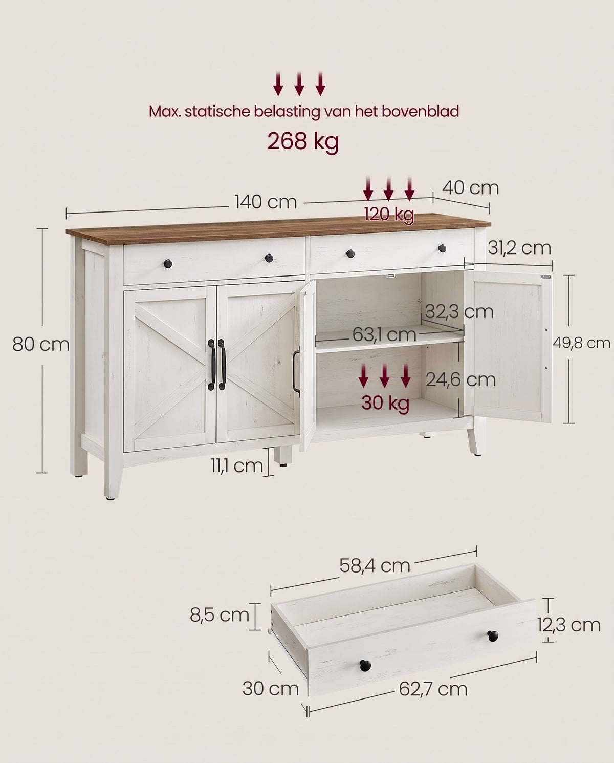 Dressoir met Schuifdeuren, Lade en Verstelbare Plank, 80 x 80 cm