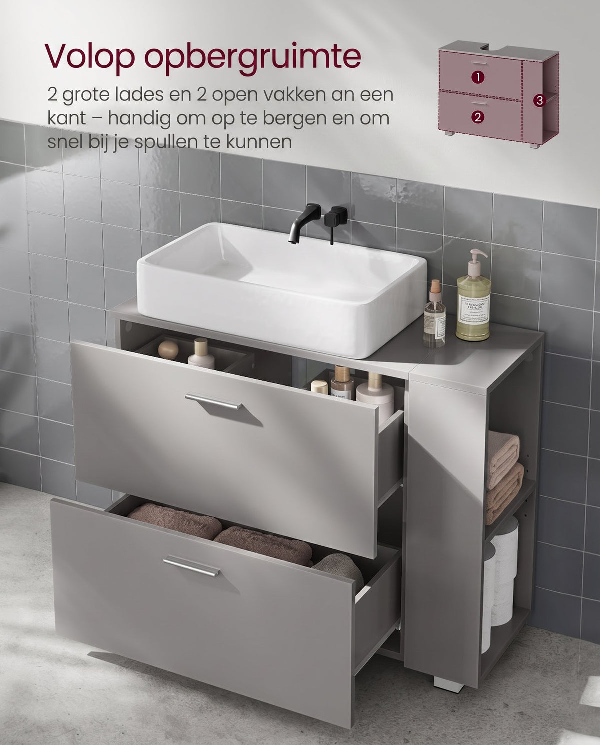 Wastafelonderkast met 2 Lades en Open Vakken aan de Zijkant, 30 x 80 x 64 cm