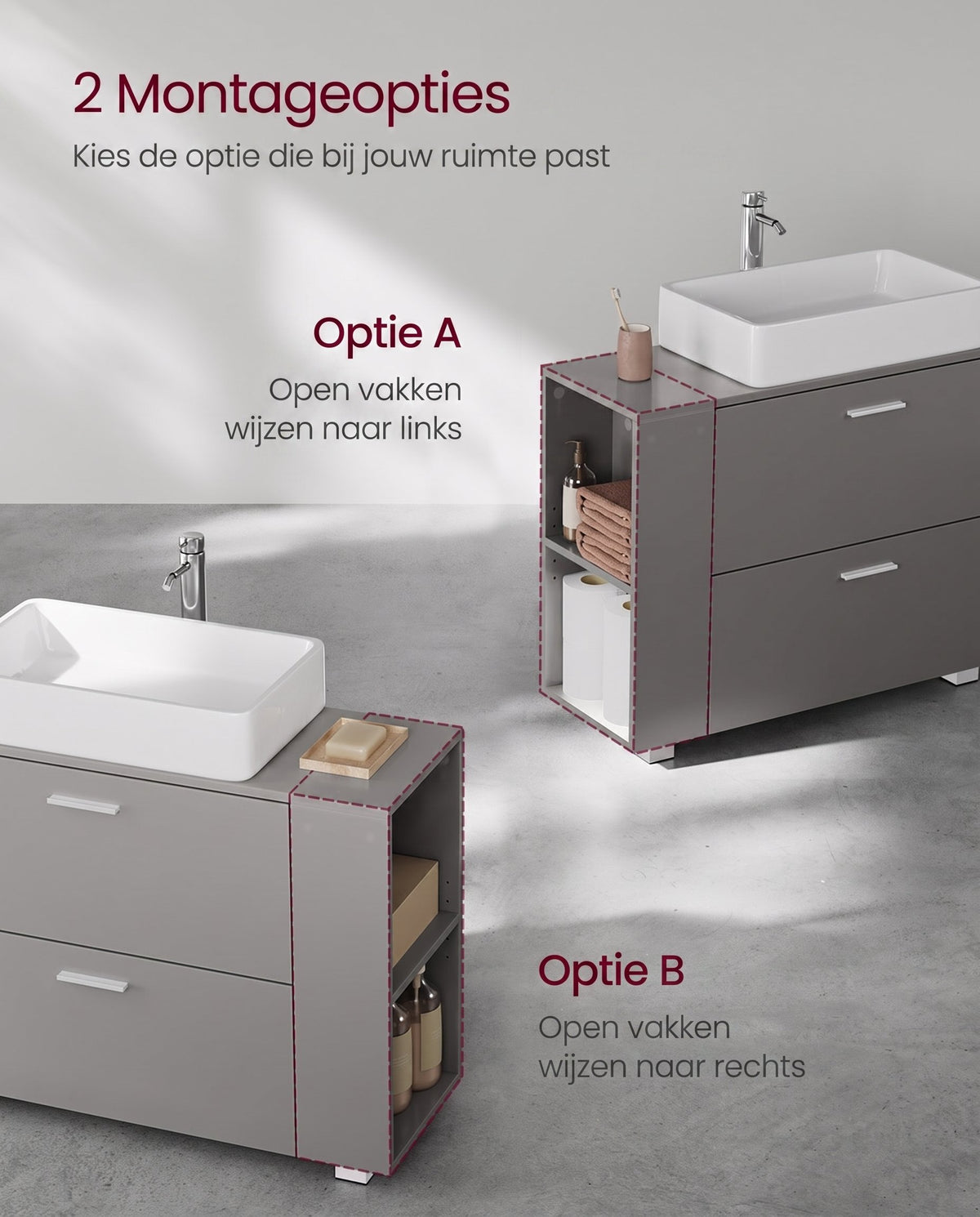 Wastafelonderkast met 2 Lades en Open Vakken aan de Zijkant, 30 x 80 x 64 cm