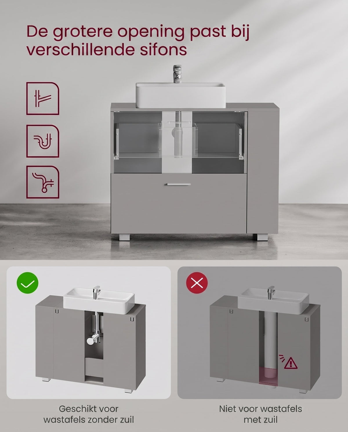 Wastafelonderkast met 2 Lades en Open Vakken aan de Zijkant, 30 x 80 x 64 cm