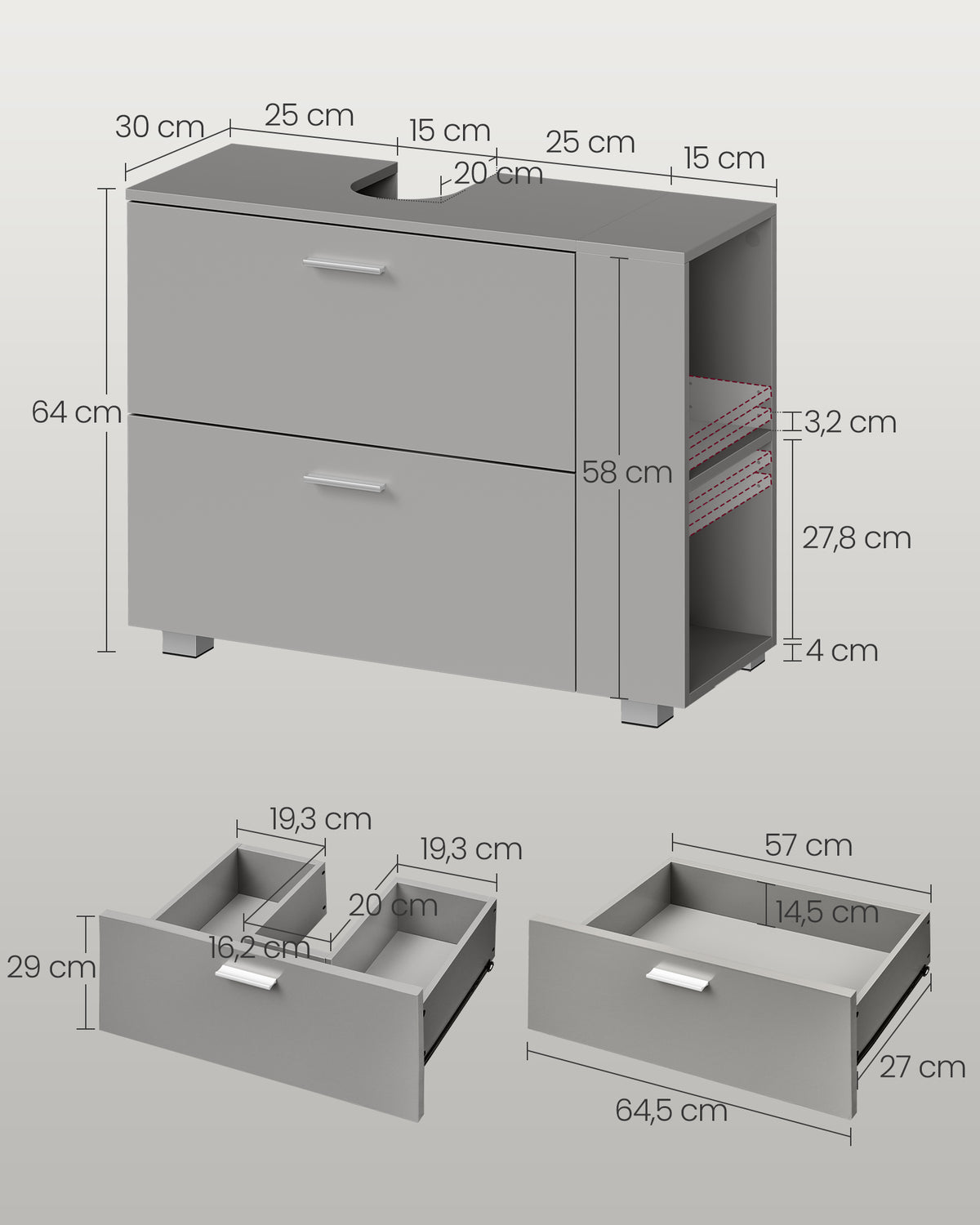 Wastafelonderkast met 2 Lades en Open Vakken aan de Zijkant, 30 x 80 x 64 cm