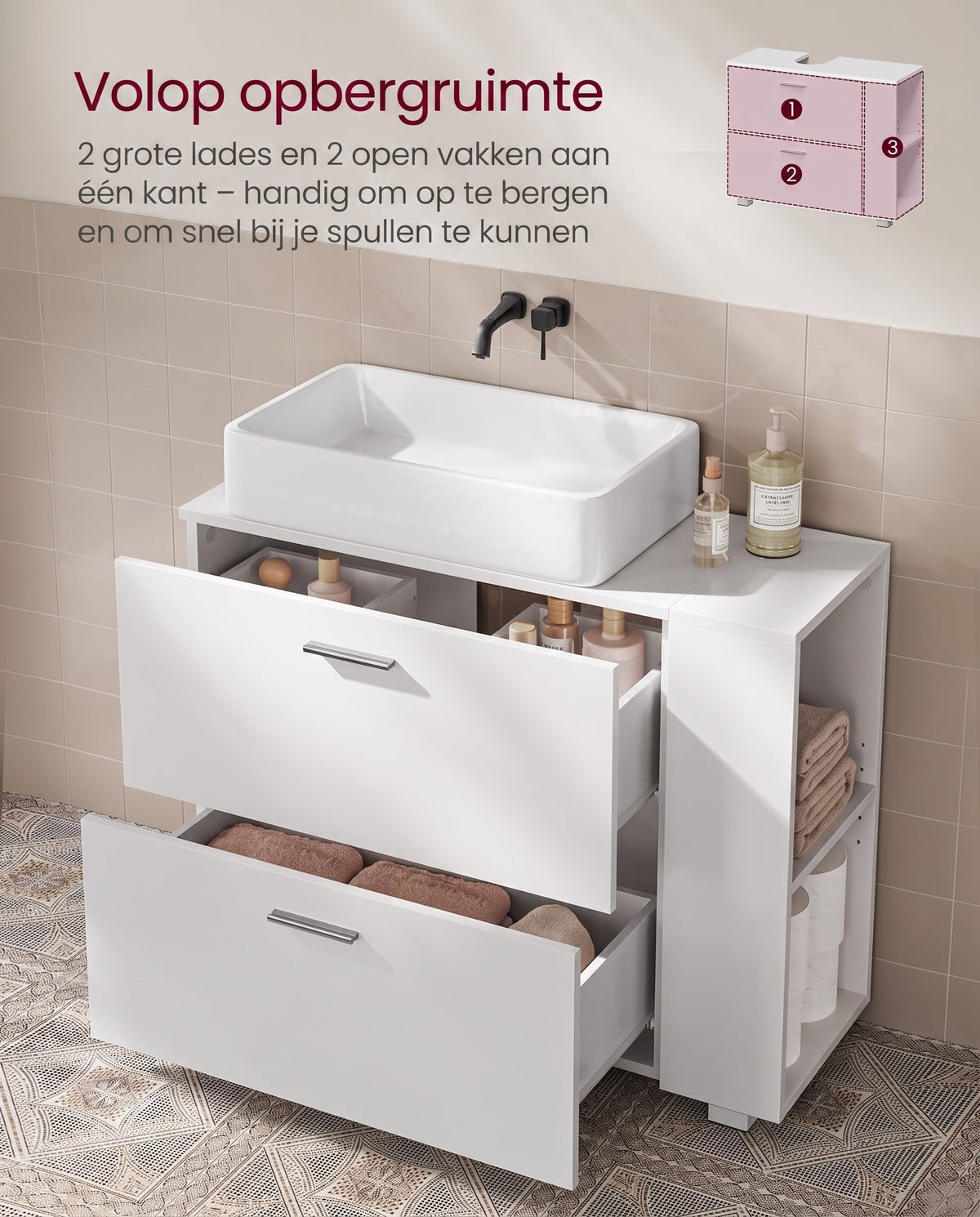 Wastafelonderkast met 2 Lades en Open Vakken aan de Zijkant, 30 x 80 x 64 cm