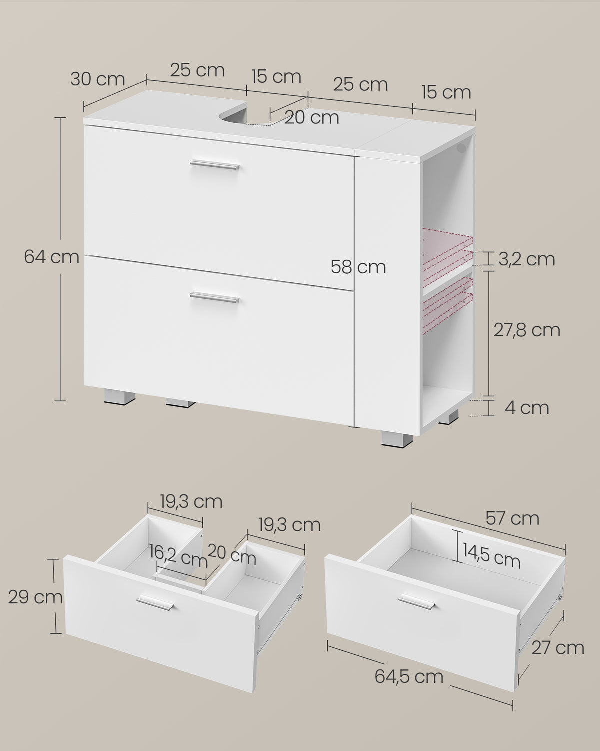 Wastafelonderkast met 2 Lades en Open Vakken aan de Zijkant, 30 x 80 x 64 cm