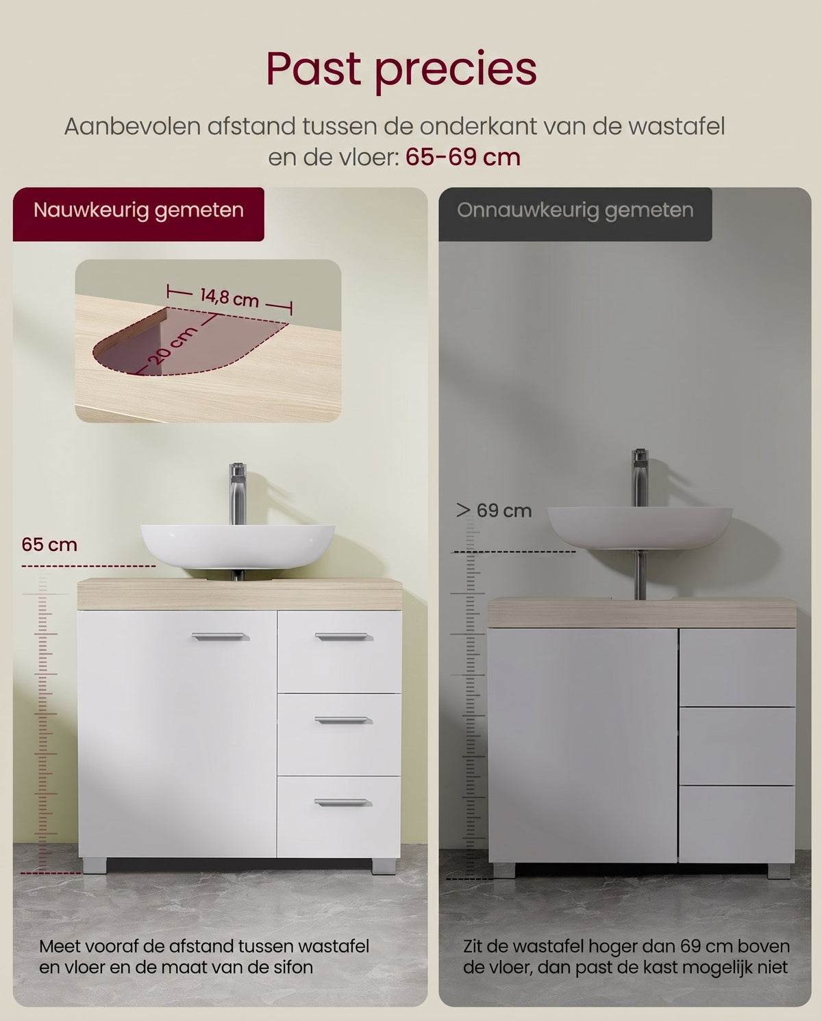 Wastafelonderkast met 3 Lades en Poten, 30 x 70 x 64 cm