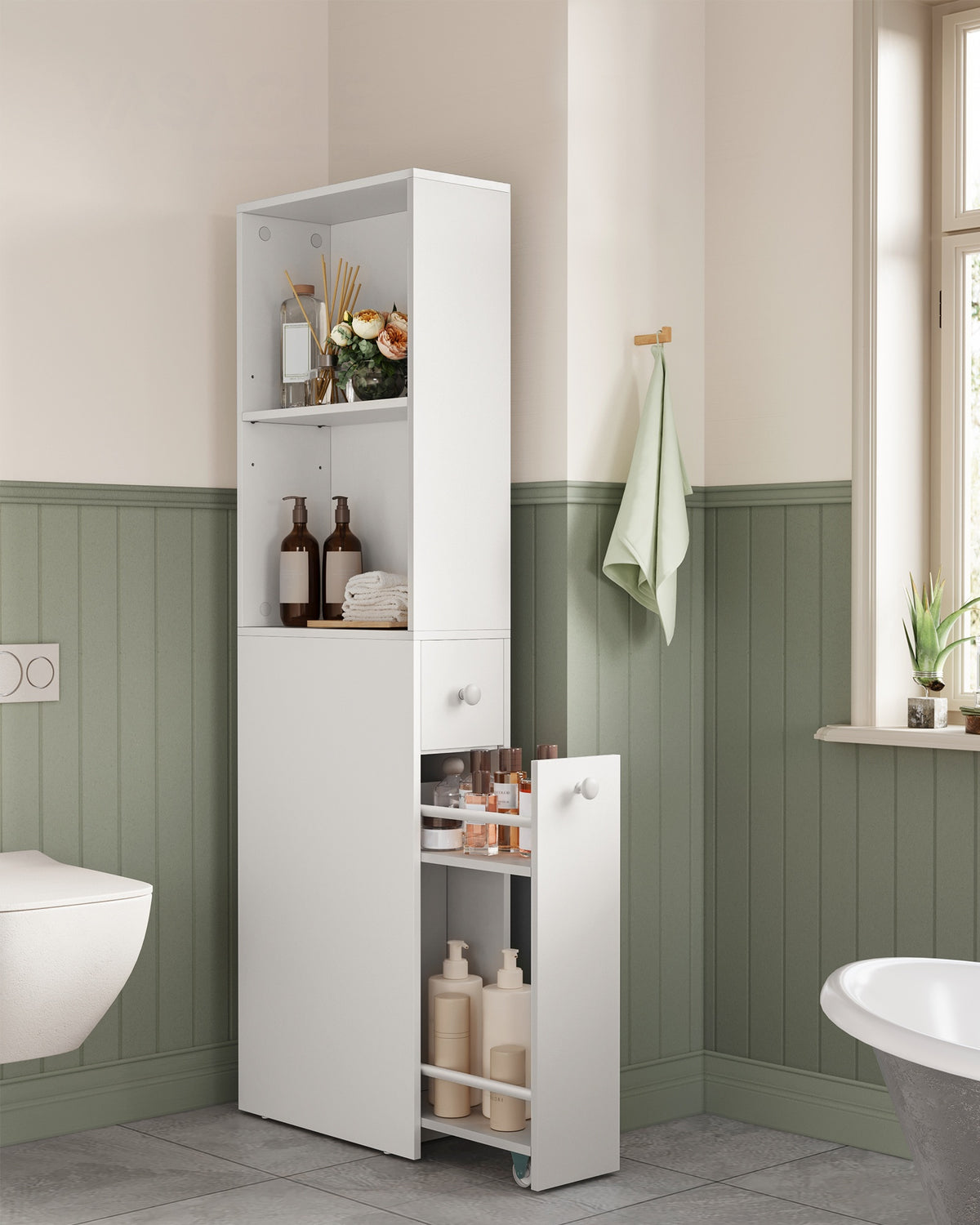 Hoge Smalle Badkamerkast met 2 Lades en Verstelbare Plank, 40 x 18 x 134,4 cm