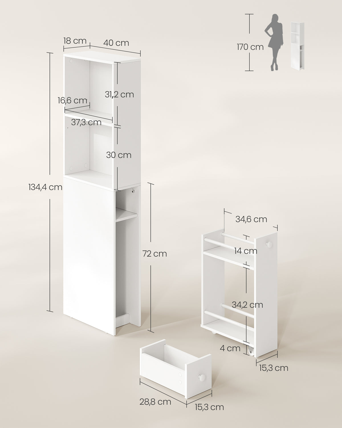 Hoge Smalle Badkamerkast met 2 Lades en Verstelbare Plank, 40 x 18 x 134,4 cm