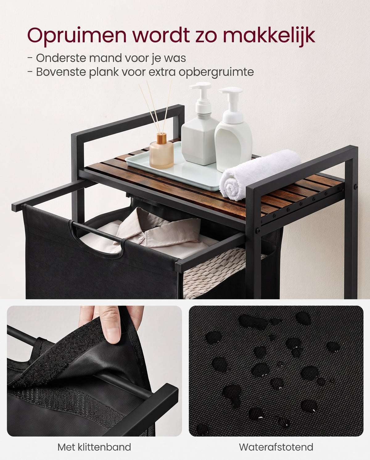 Wasmand met 2 Uittrekbare Waszakken en Opbergplank
