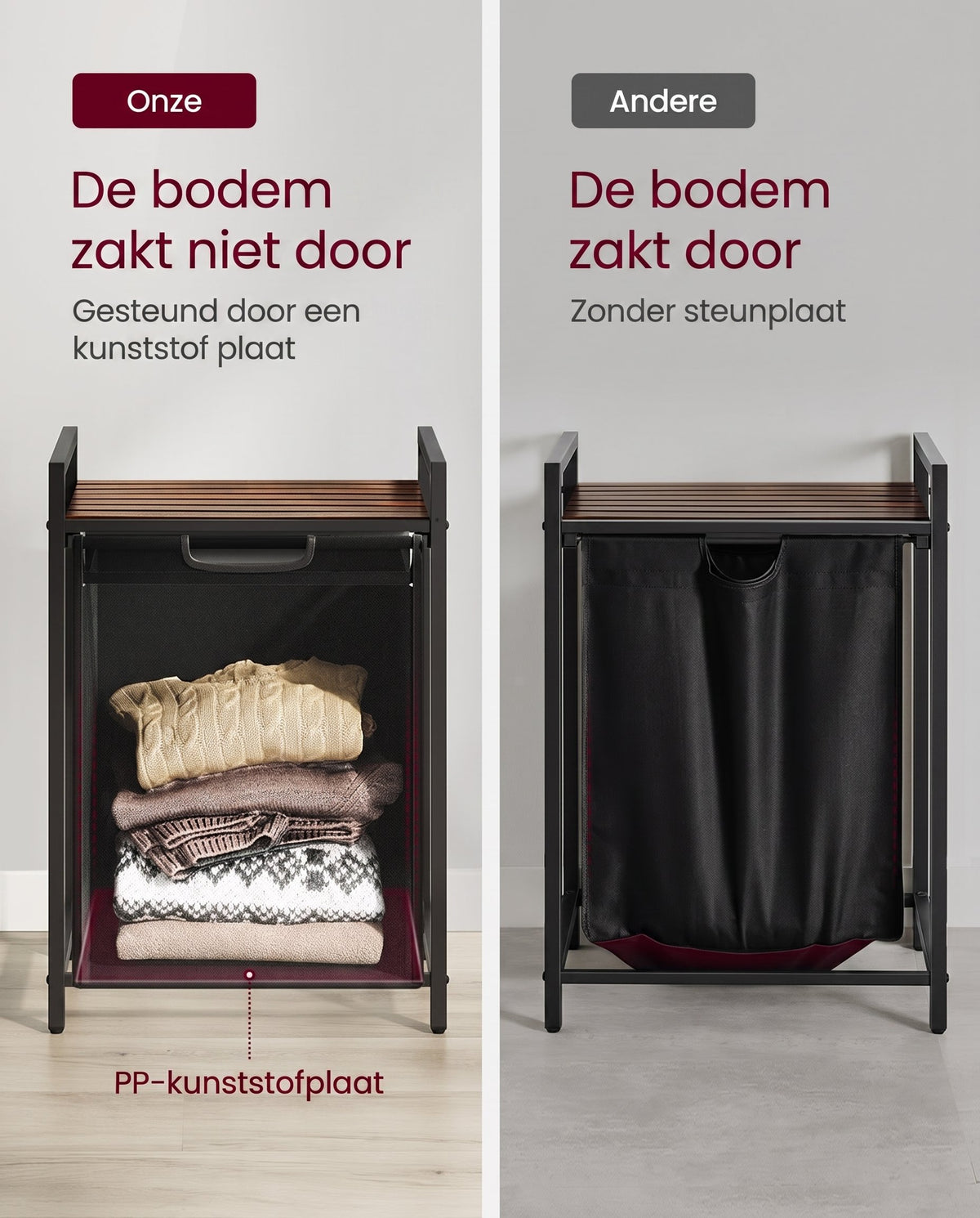 Wasmand met 2 Uittrekbare Waszakken en Opbergplank