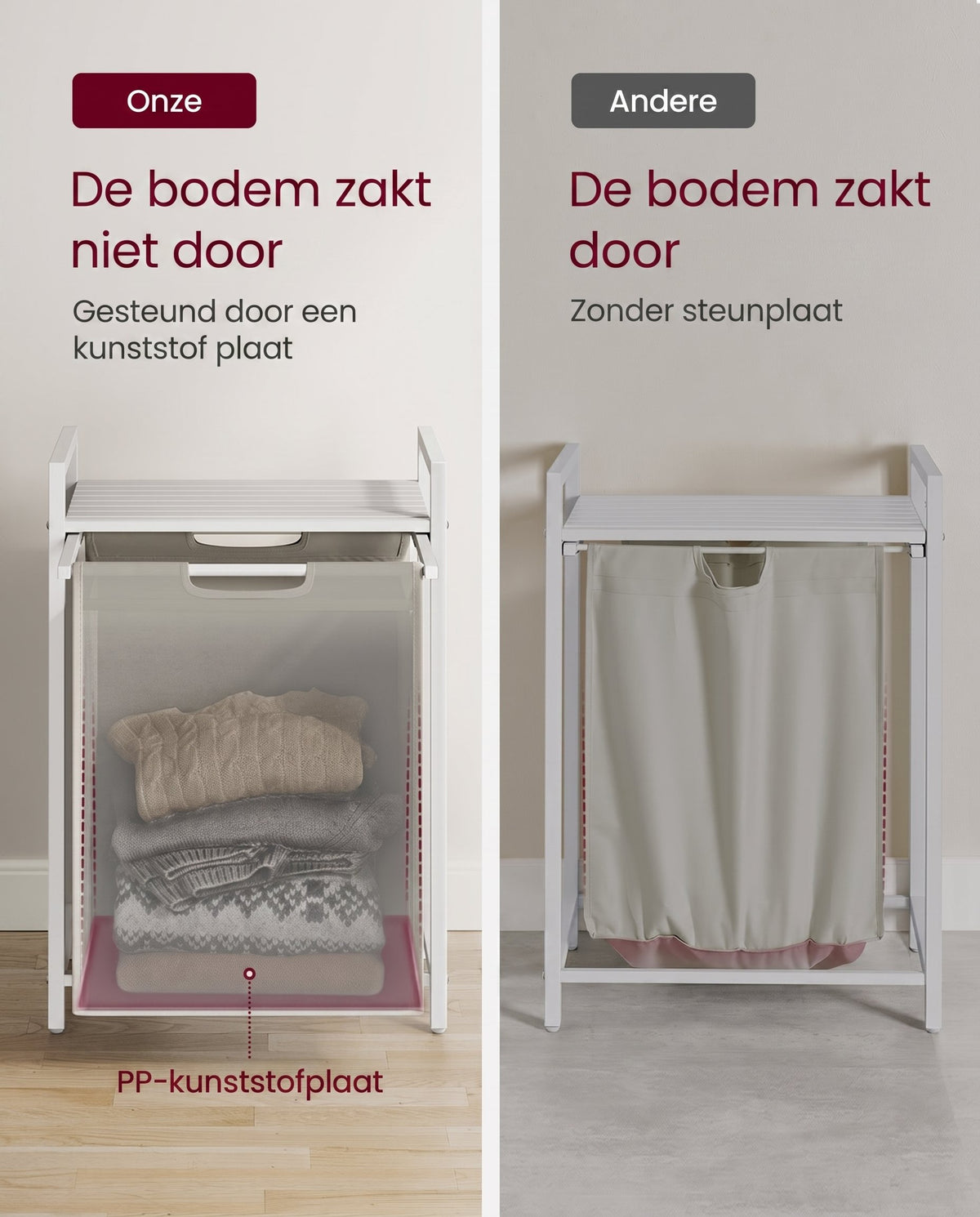Wasmand met 2 Uittrekbare Waszakken en Opbergplank