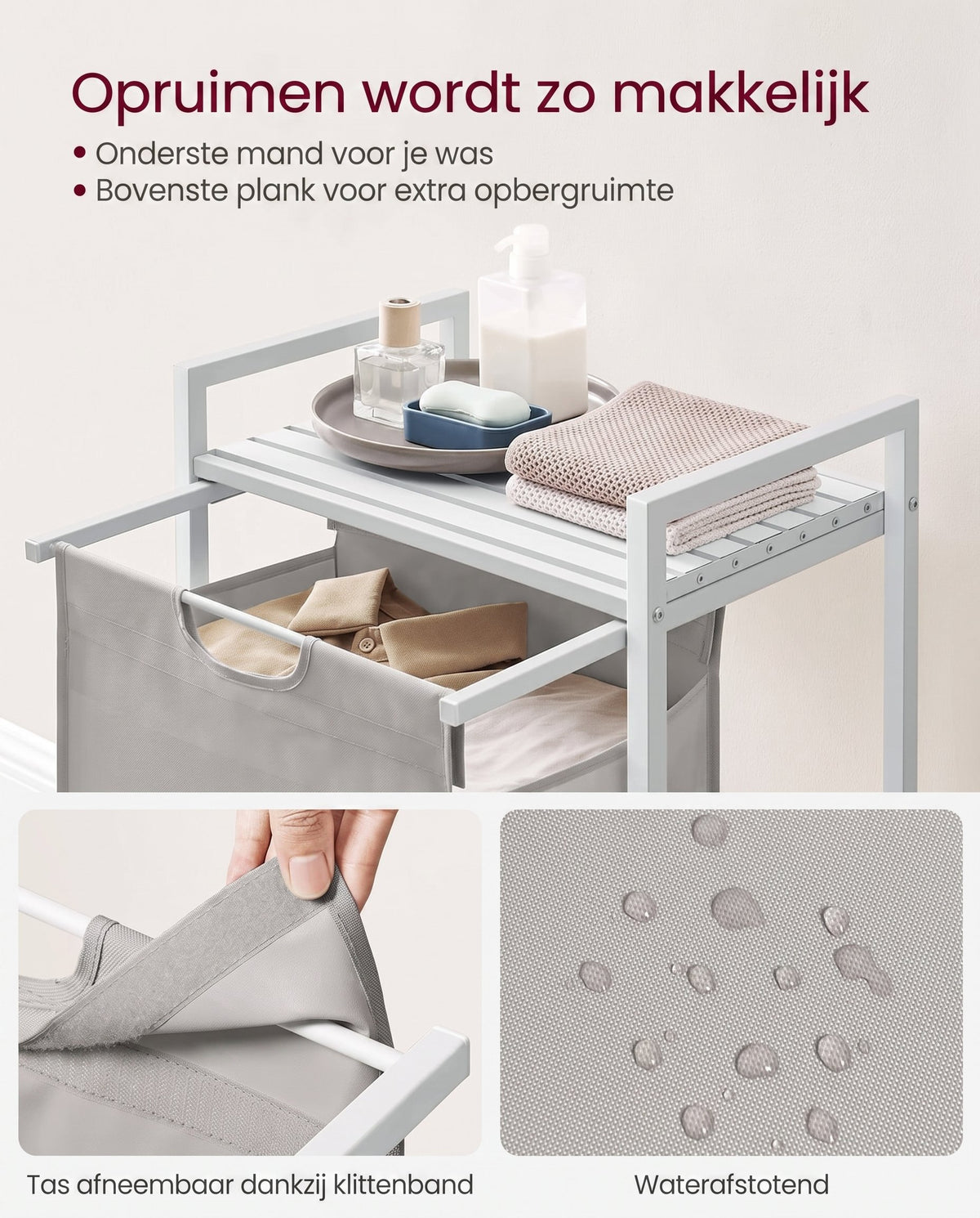 Wasmand met 2 Uittrekbare Waszakken en Opbergplank