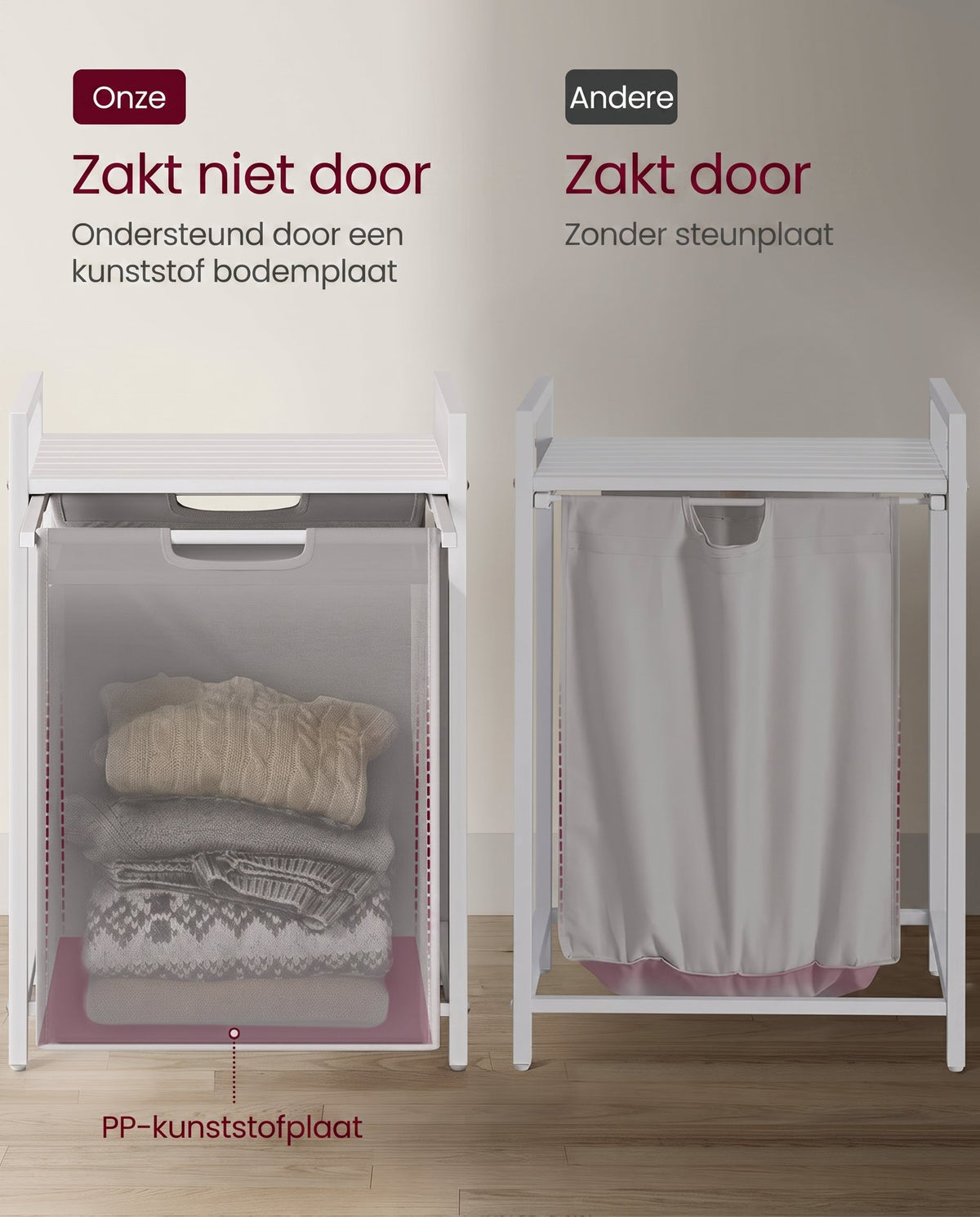 Wasmand met 2 Uittrekbare Waszakken en Opbergplank