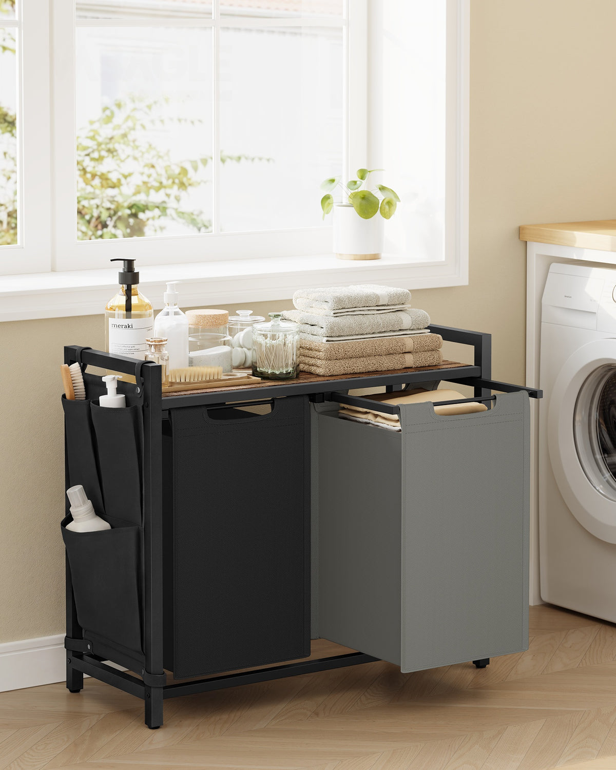 Wasmand met 2 Uittrekbare Waszakken en Opbergplank