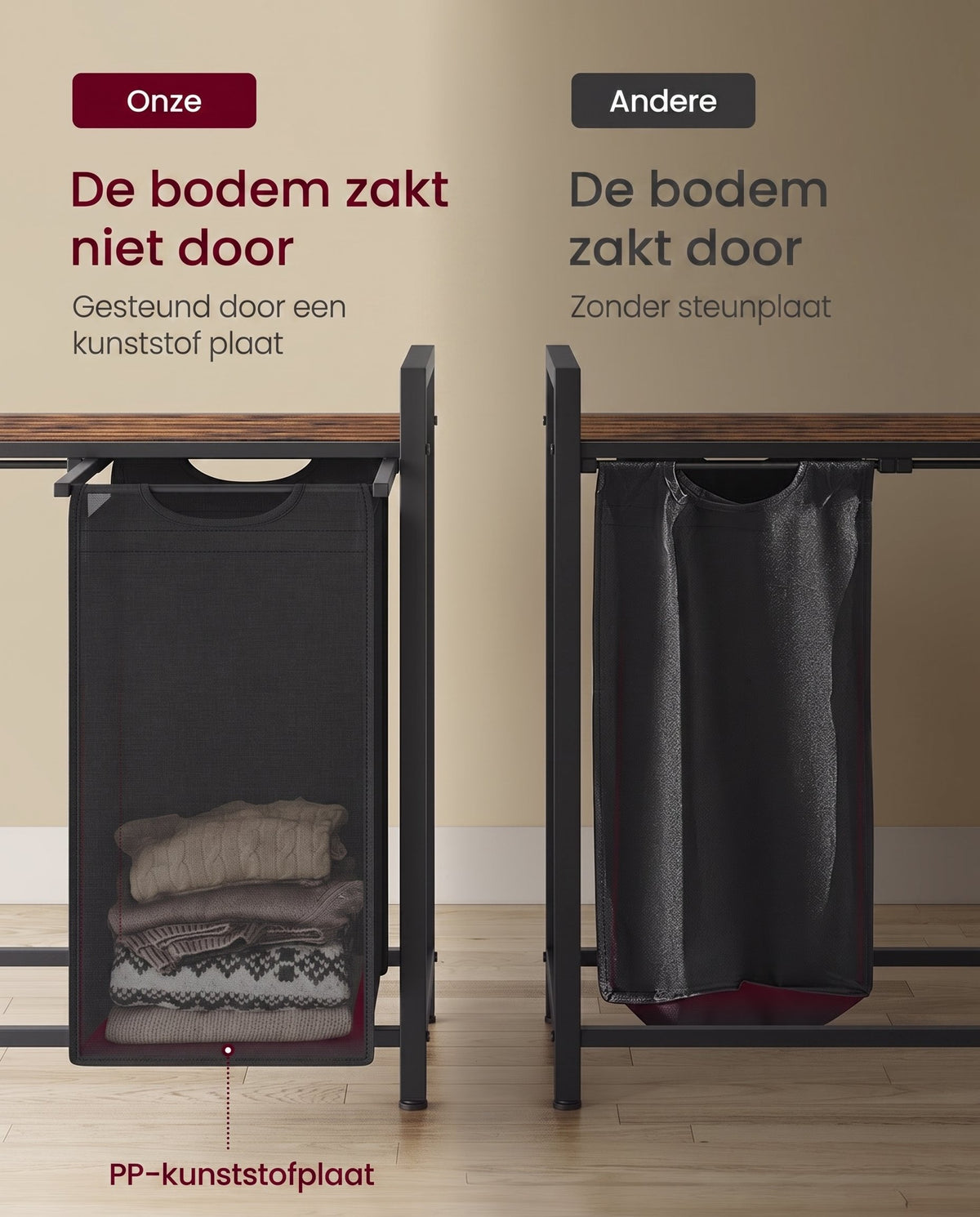 Wasmand met 2 Uittrekbare Waszakken en Opbergplank