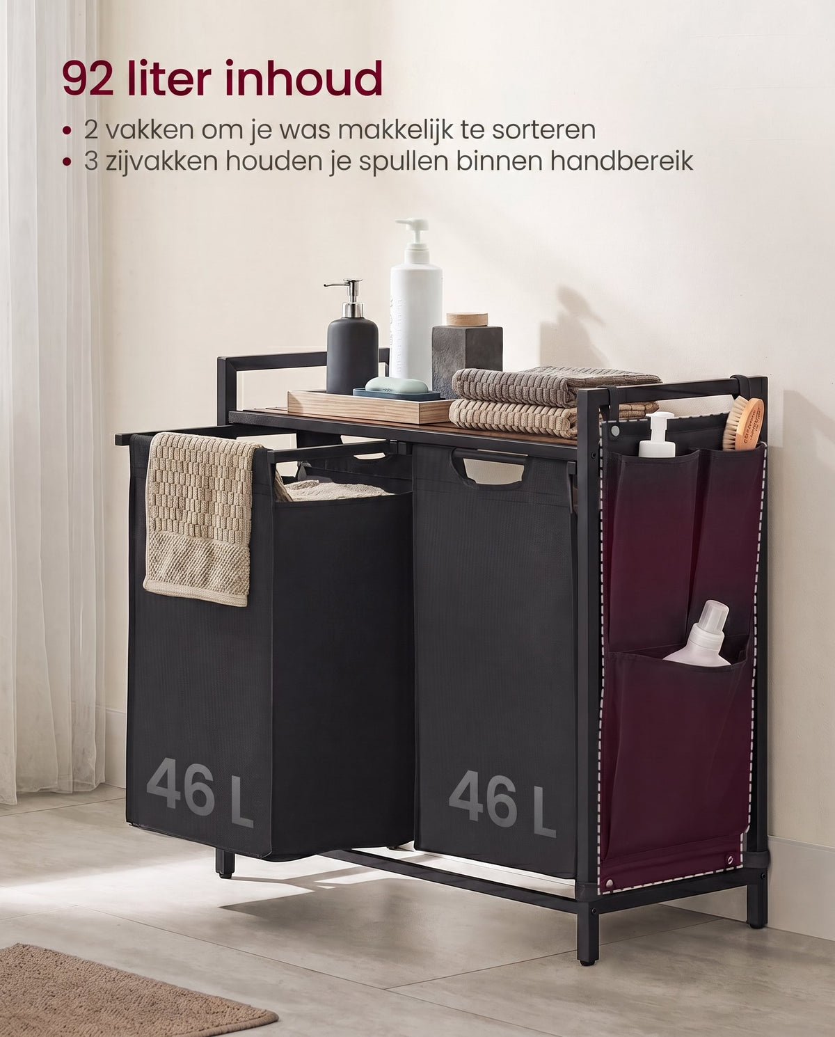 Wasmand met 2 Uittrekbare Waszakken en Opbergplank
